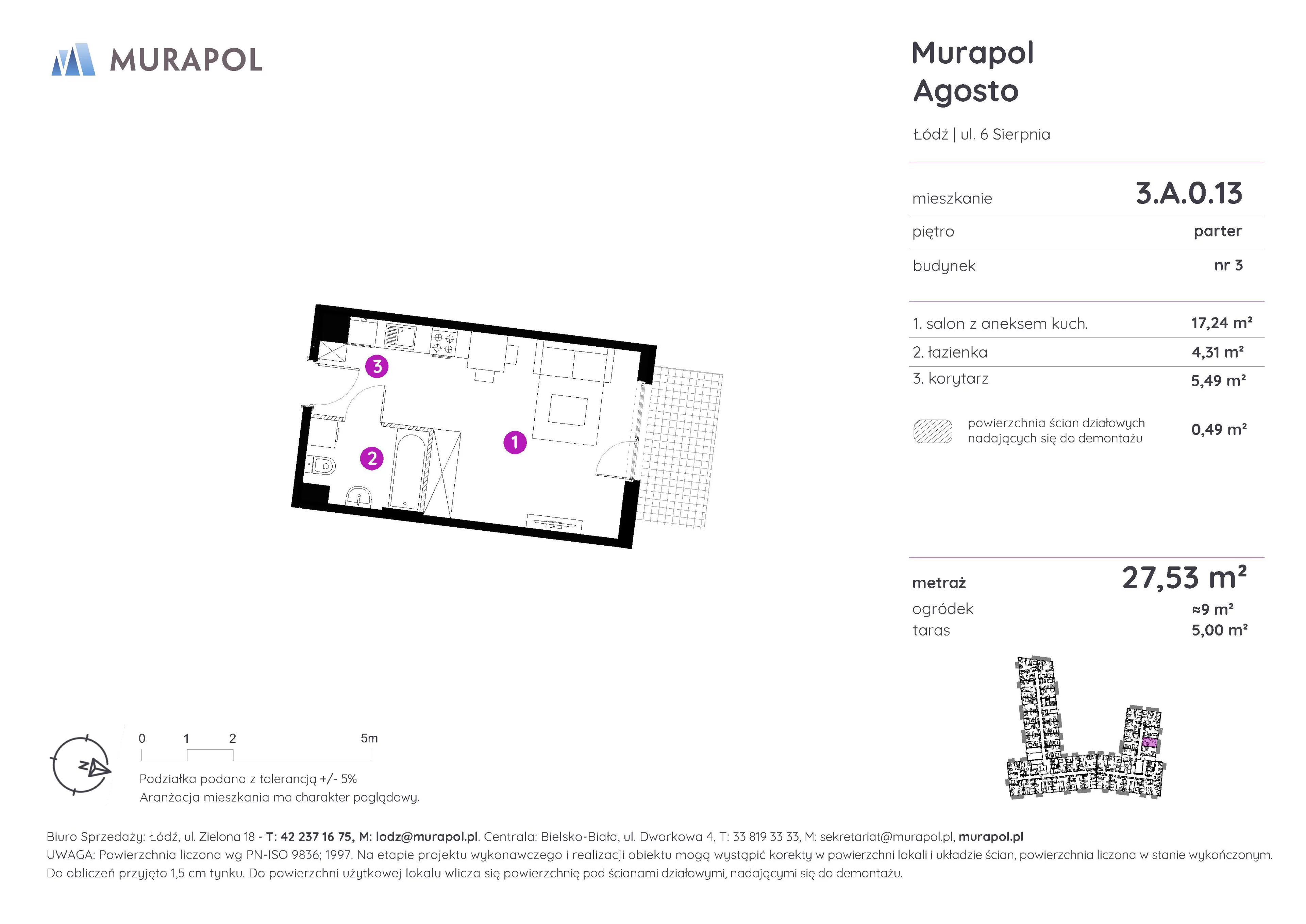 1 pokój, mieszkanie 27,53 m², parter, oferta nr 3.A.0.13, Murapol Agosto, Łódź, Polesie, Stare Polesie, ul. 6 Sierpnia