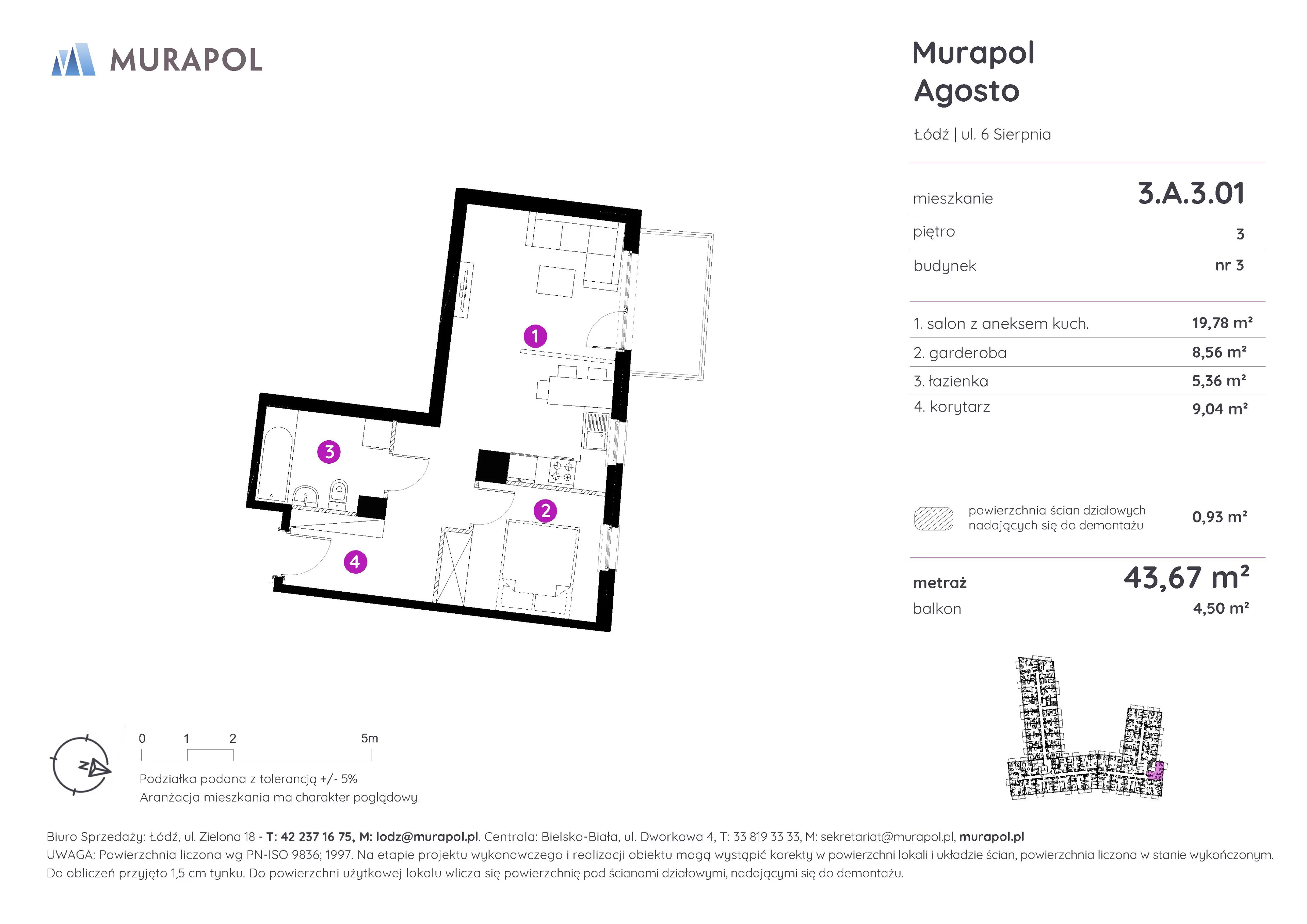 1 pokój, mieszkanie 43,67 m², piętro 3, oferta nr 3.A.3.01, Murapol Agosto, Łódź, Polesie, Stare Polesie, ul. 6 Sierpnia