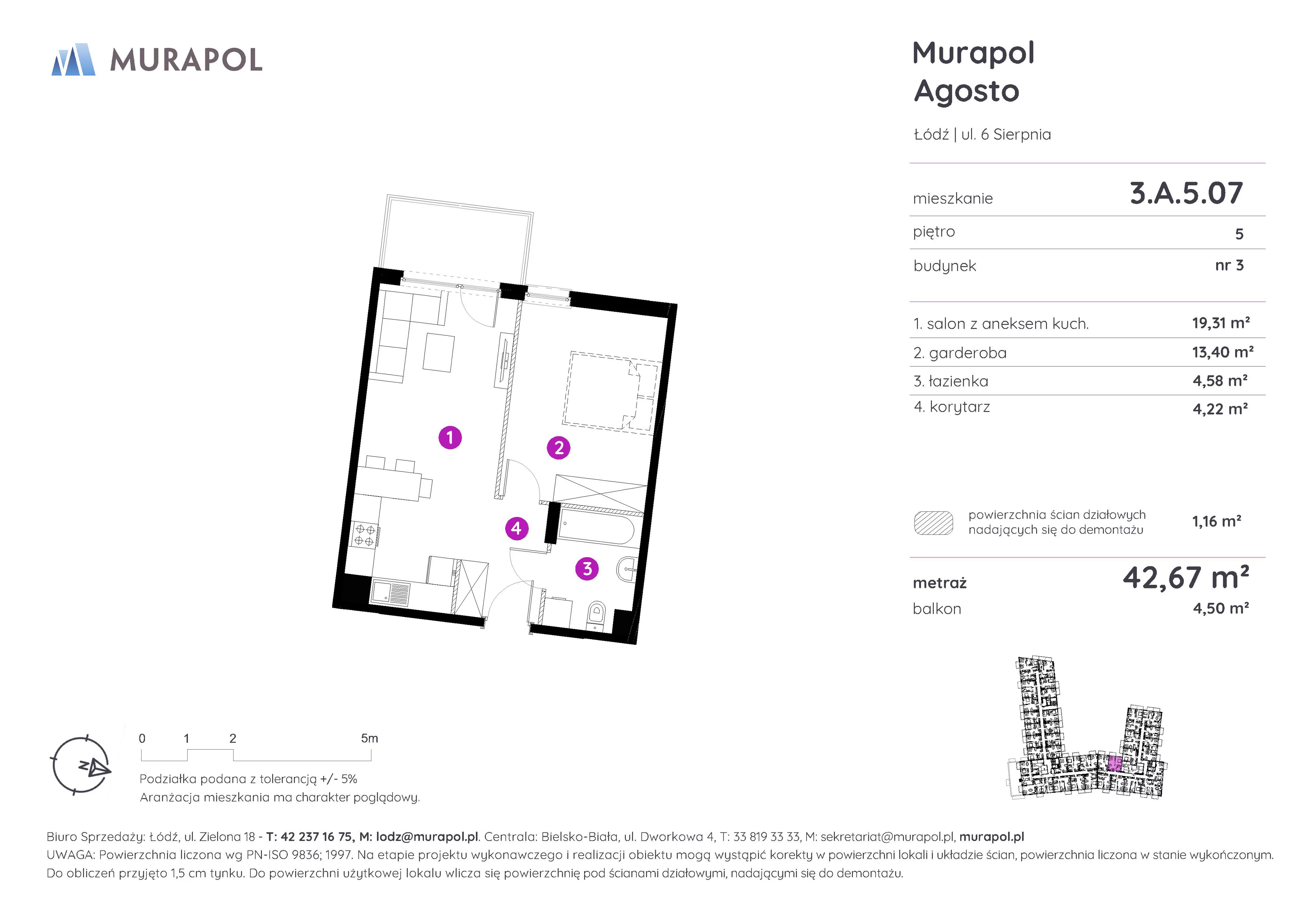 Mieszkanie 42,67 m², piętro 5, oferta nr 3.A.5.07, Murapol Agosto, Łódź, Polesie, Stare Polesie, ul. 6 Sierpnia