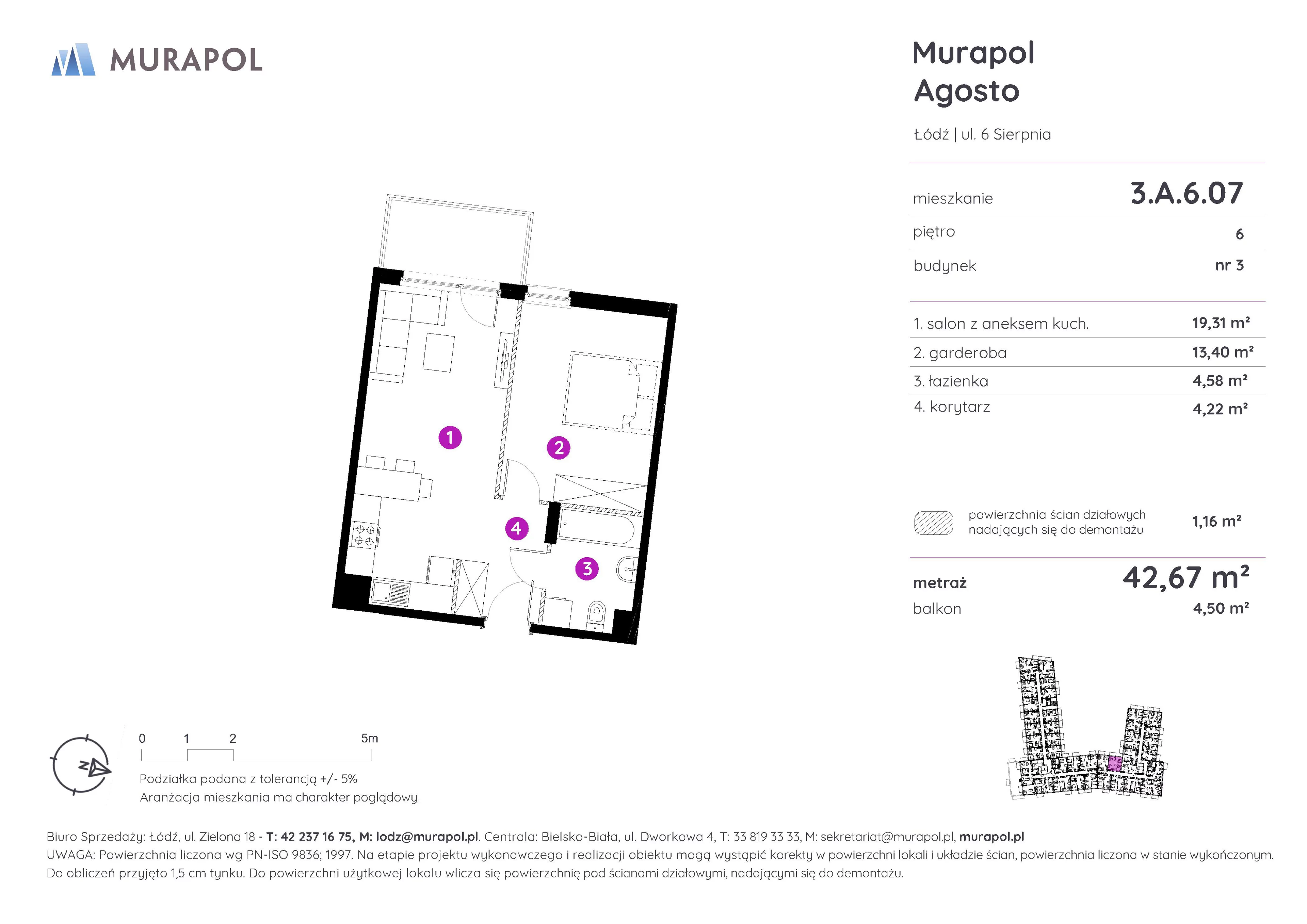 1 pokój, mieszkanie 42,67 m², piętro 6, oferta nr 3.A.6.07, Murapol Agosto, Łódź, Polesie, Stare Polesie, ul. 6 Sierpnia