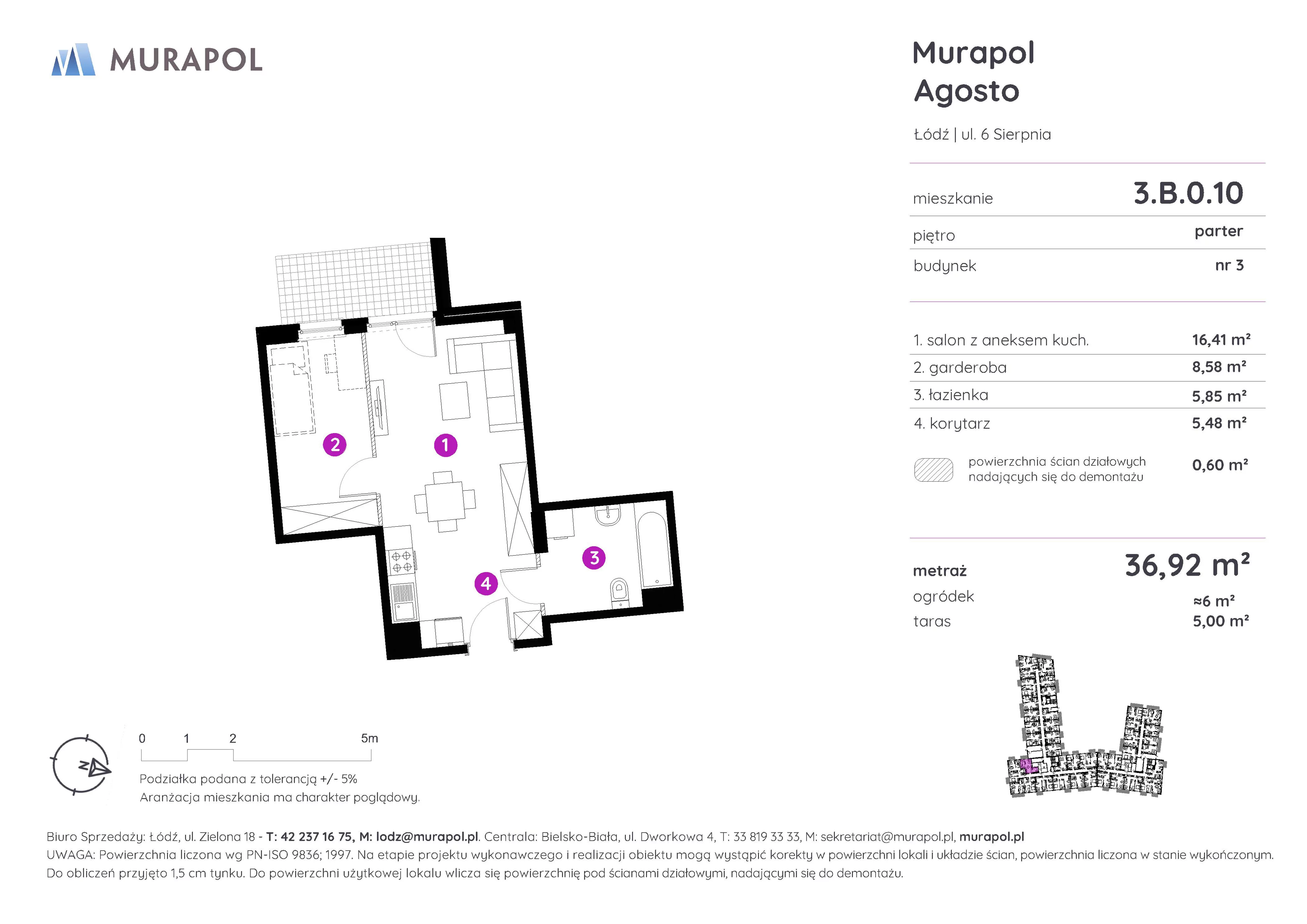 1 pokój, mieszkanie 36,92 m², parter, oferta nr 3.B.0.10, Murapol Agosto, Łódź, Polesie, Stare Polesie, ul. 6 Sierpnia