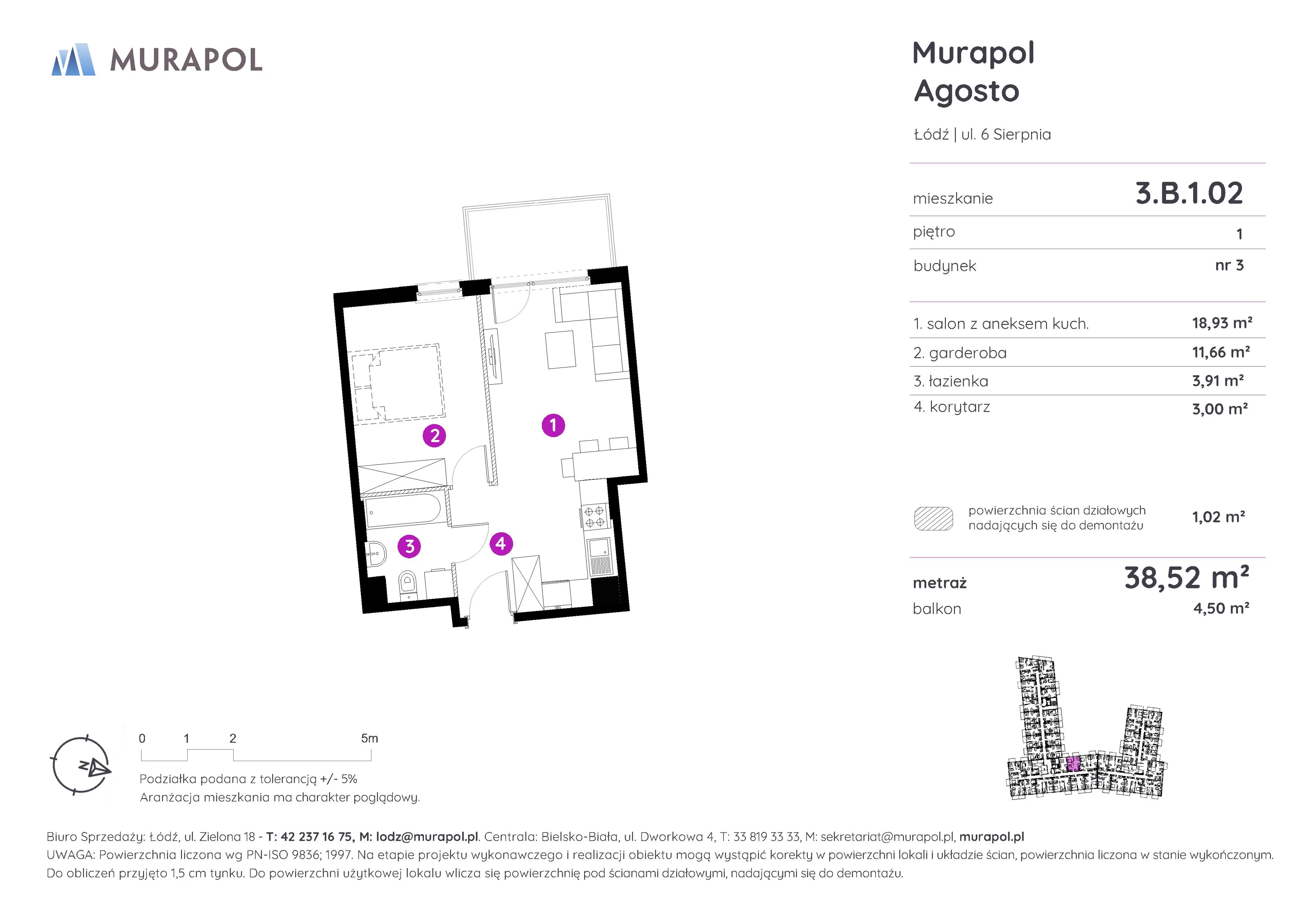 1 pokój, mieszkanie 38,52 m², piętro 1, oferta nr 3.B.1.02, Murapol Agosto, Łódź, Polesie, Stare Polesie, ul. 6 Sierpnia