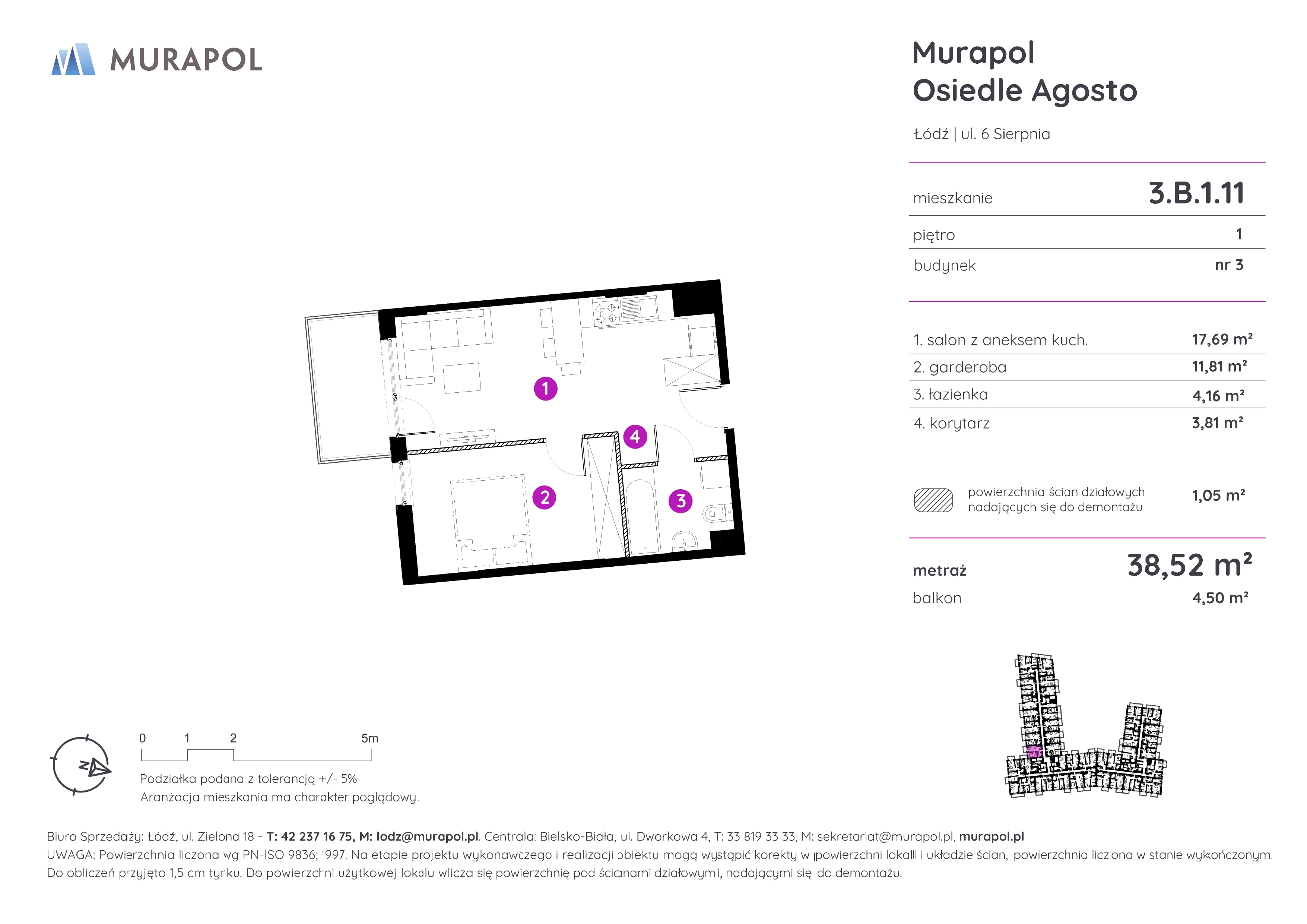 Mieszkanie 38,52 m², piętro 1, oferta nr 3.B.1.11, Murapol Agosto, Łódź, Polesie, Stare Polesie, ul. 6 Sierpnia