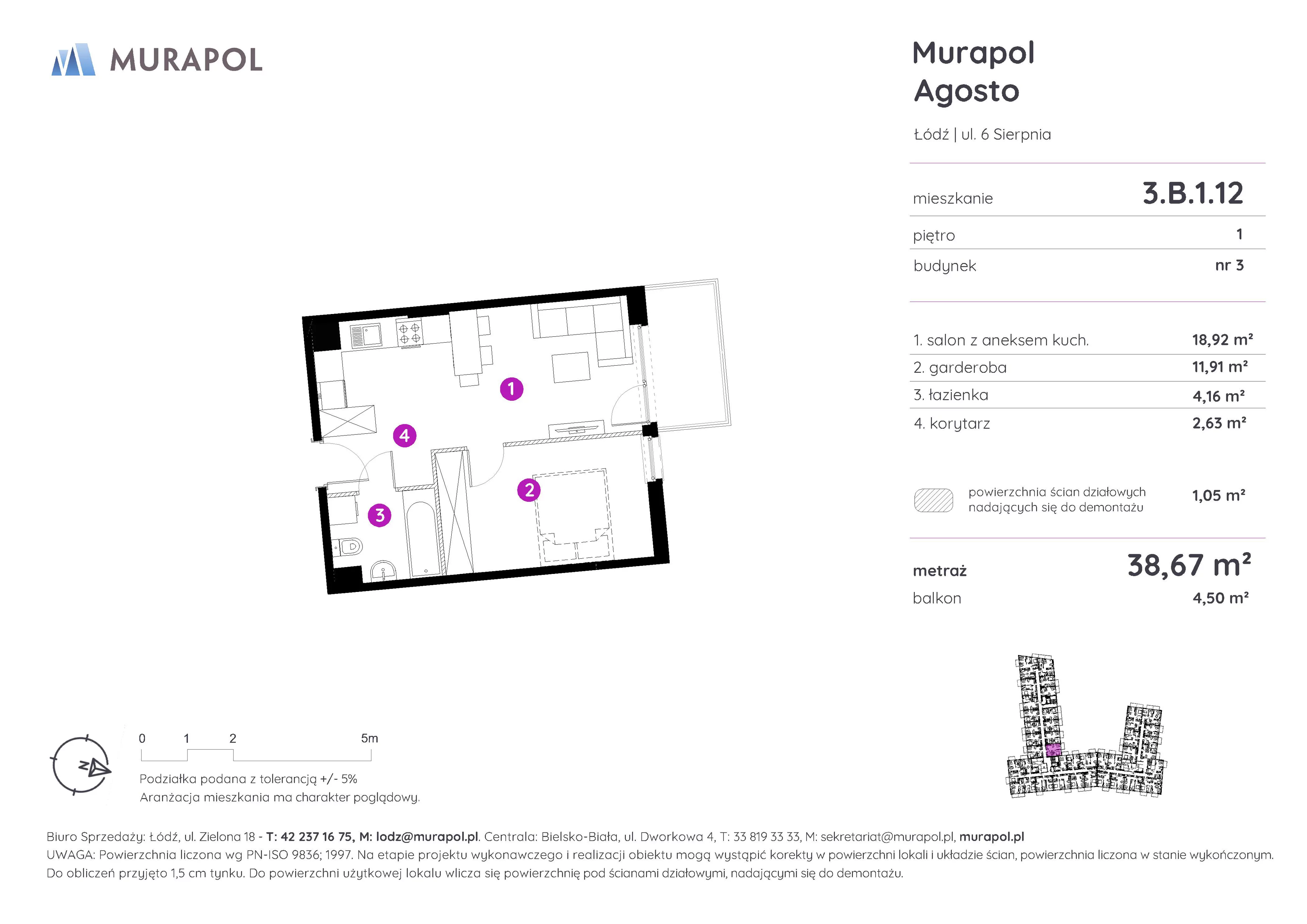 Mieszkanie 38,67 m², piętro 1, oferta nr 3.B.1.12, Murapol Agosto, Łódź, Polesie, Stare Polesie, ul. 6 Sierpnia