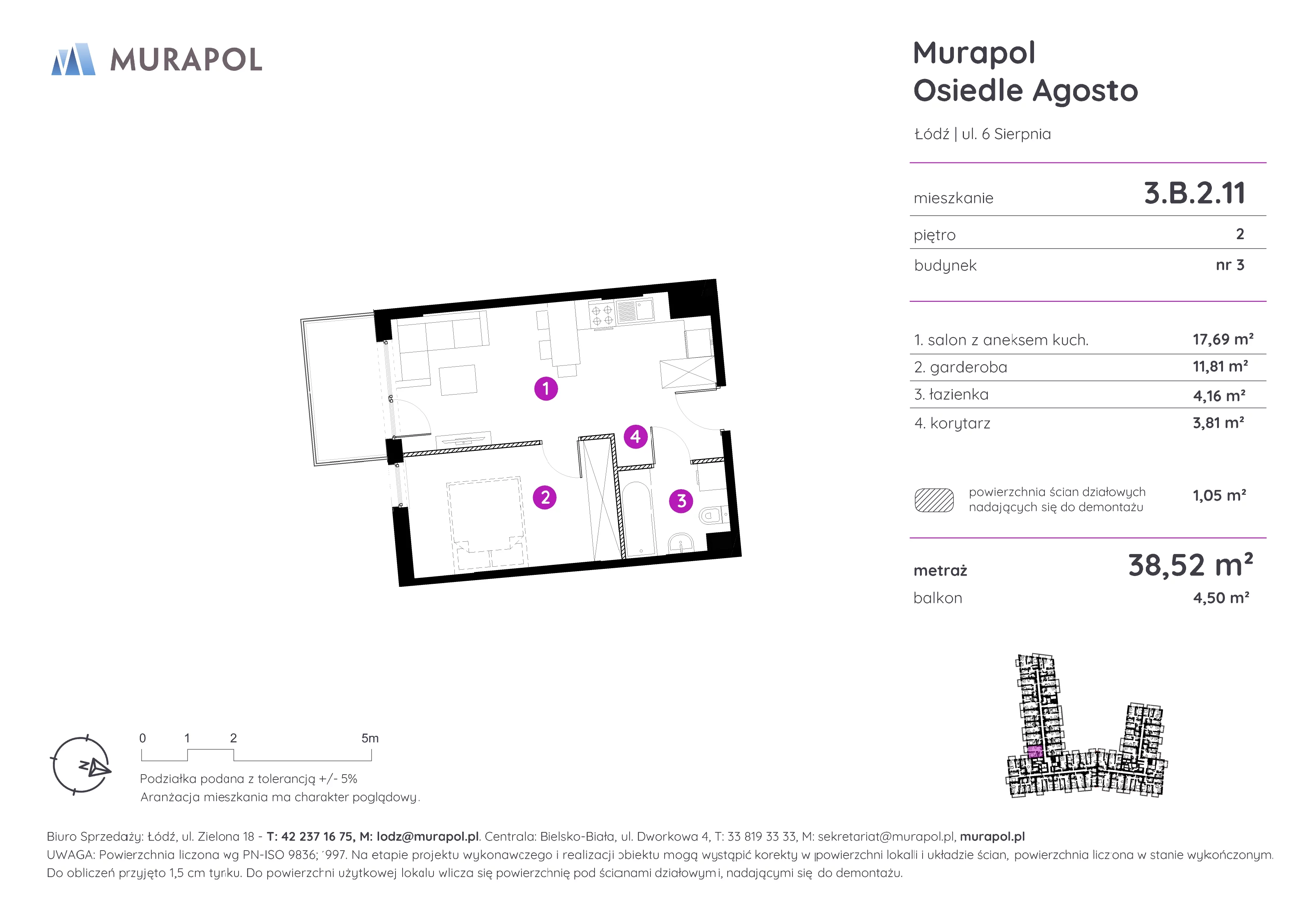 Mieszkanie 38,52 m², piętro 2, oferta nr 3.B.2.11, Murapol Agosto, Łódź, Polesie, Stare Polesie, ul. 6 Sierpnia