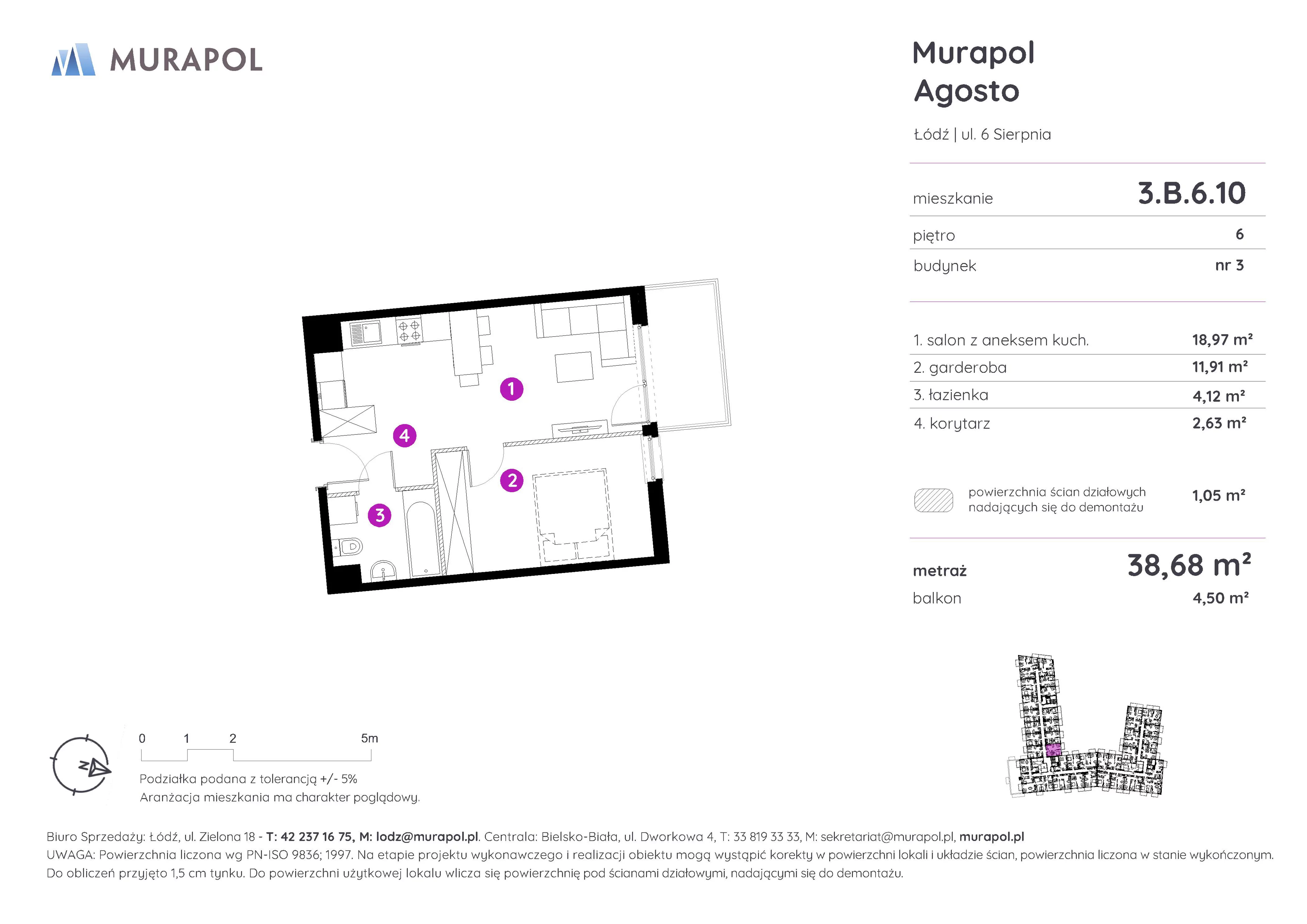 1 pokój, mieszkanie 38,68 m², piętro 6, oferta nr 3.B.6.10, Murapol Agosto, Łódź, Polesie, Stare Polesie, ul. 6 Sierpnia