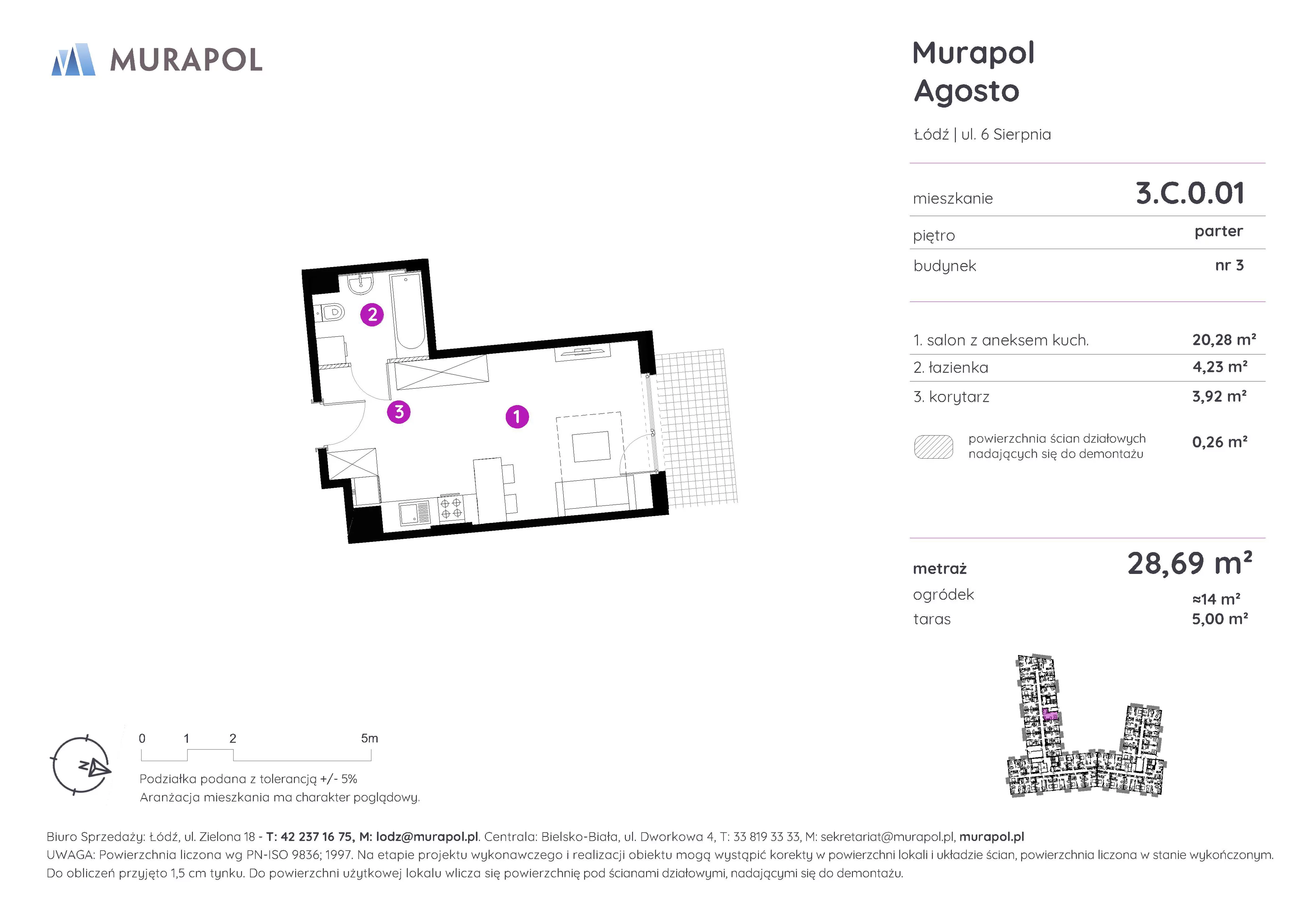 1 pokój, mieszkanie 28,69 m², parter, oferta nr 3.C.0.01, Murapol Agosto, Łódź, Polesie, Stare Polesie, ul. 6 Sierpnia