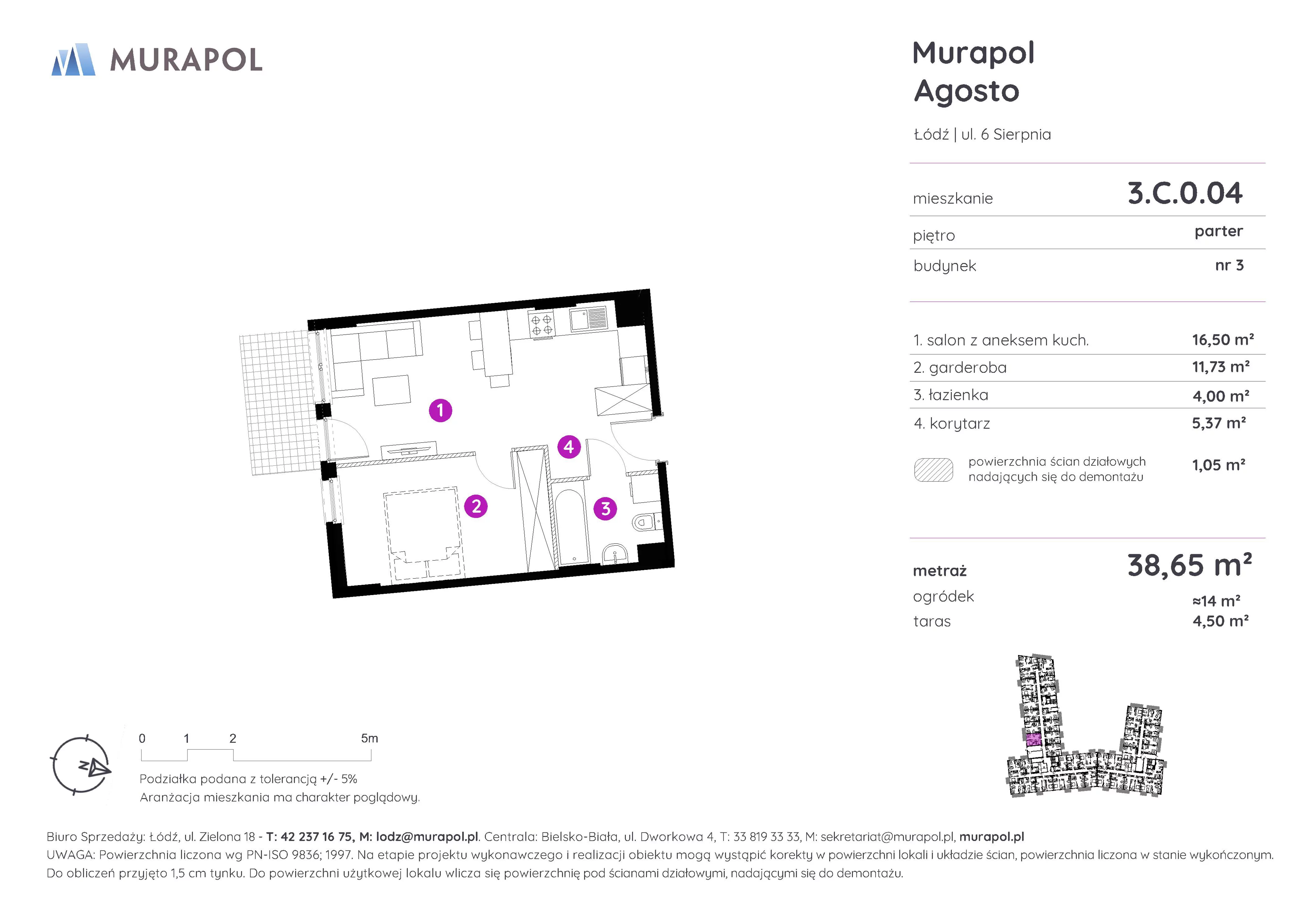 1 pokój, mieszkanie 38,65 m², parter, oferta nr 3.C.0.04, Murapol Agosto, Łódź, Polesie, Stare Polesie, ul. 6 Sierpnia