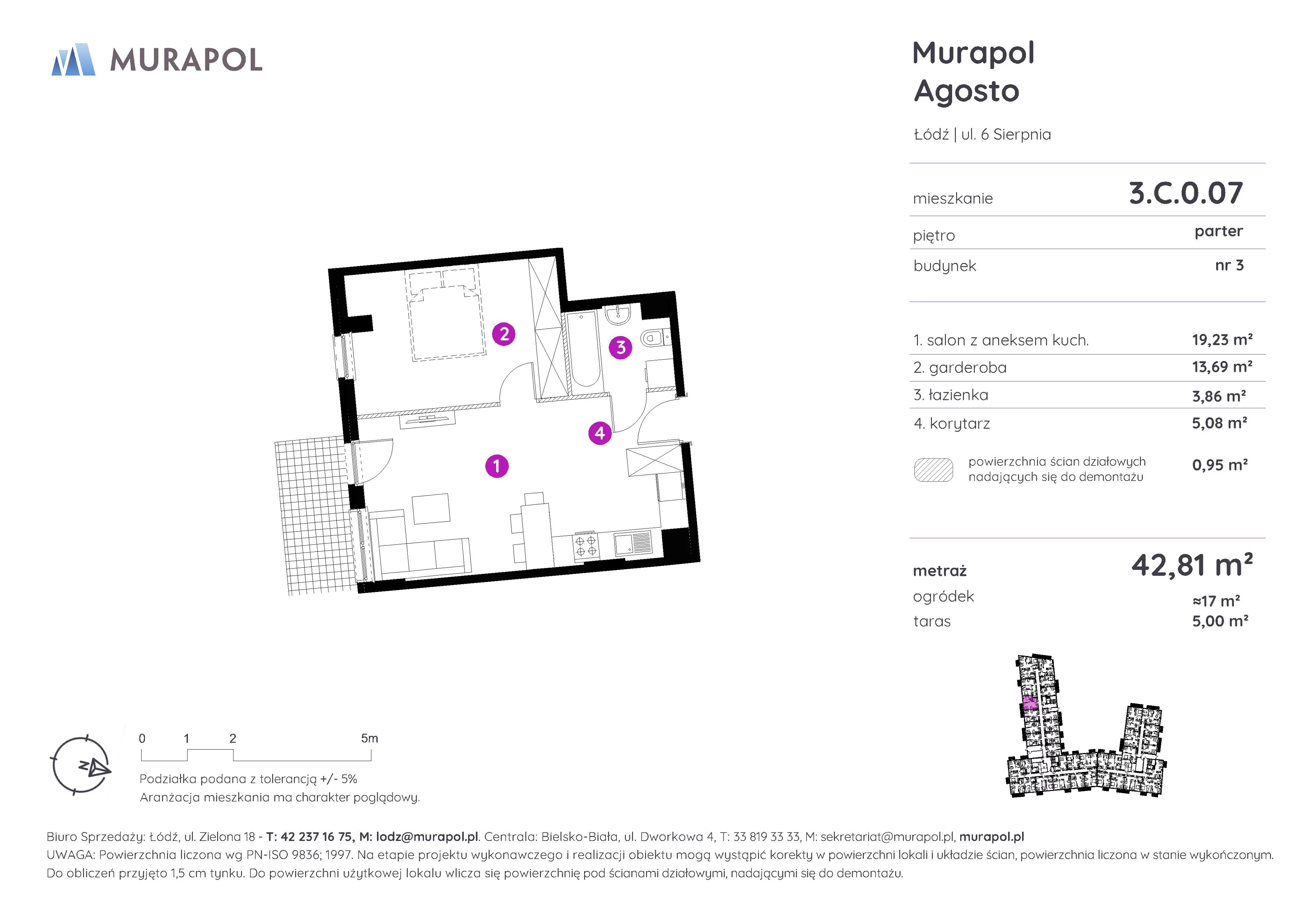 Mieszkanie 42,81 m², parter, oferta nr 3.C.0.07, Murapol Agosto, Łódź, Polesie, Stare Polesie, ul. 6 Sierpnia