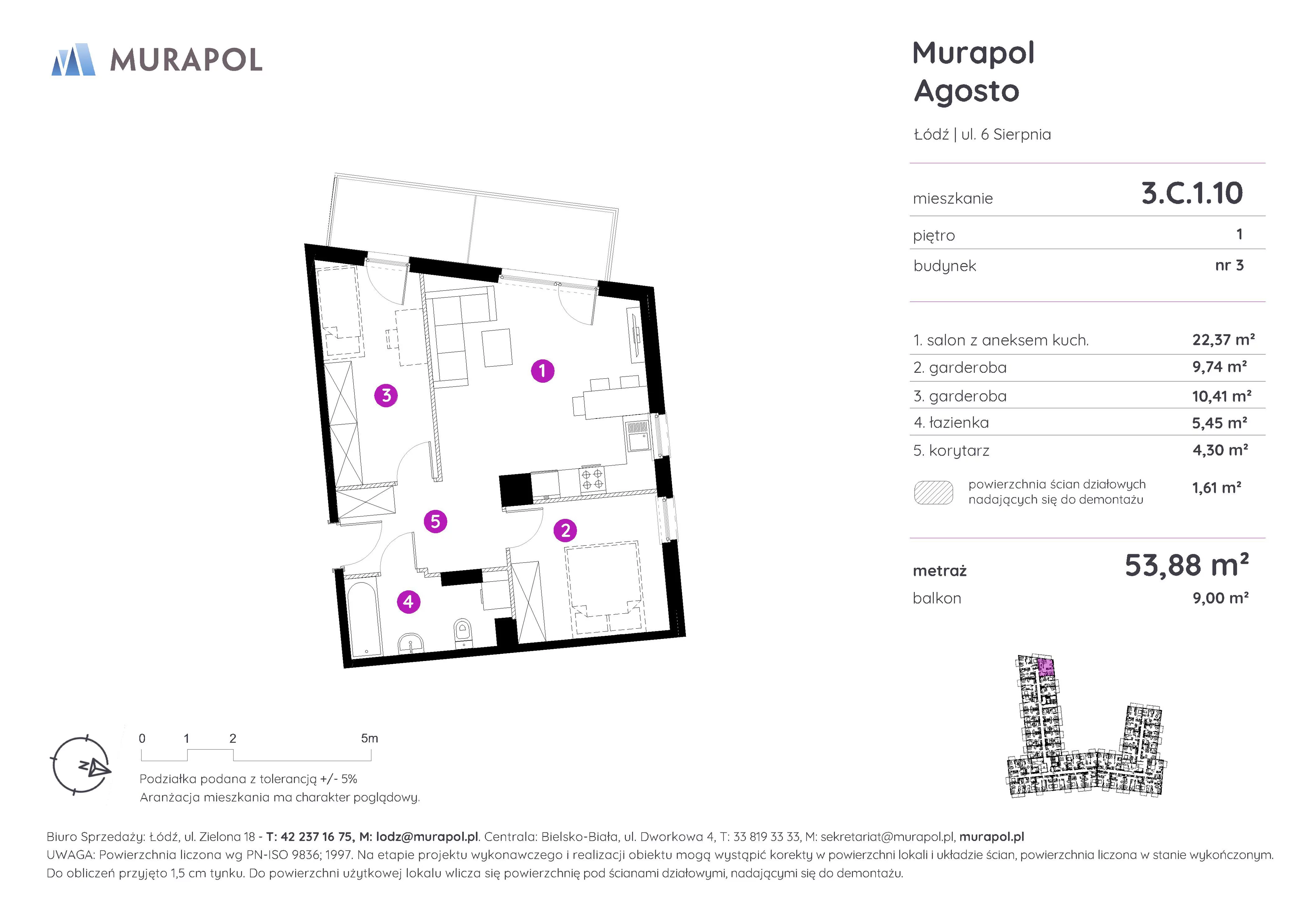 Mieszkanie 53,88 m², piętro 1, oferta nr 3.C.1.10, Murapol Agosto, Łódź, Polesie, Stare Polesie, ul. 6 Sierpnia