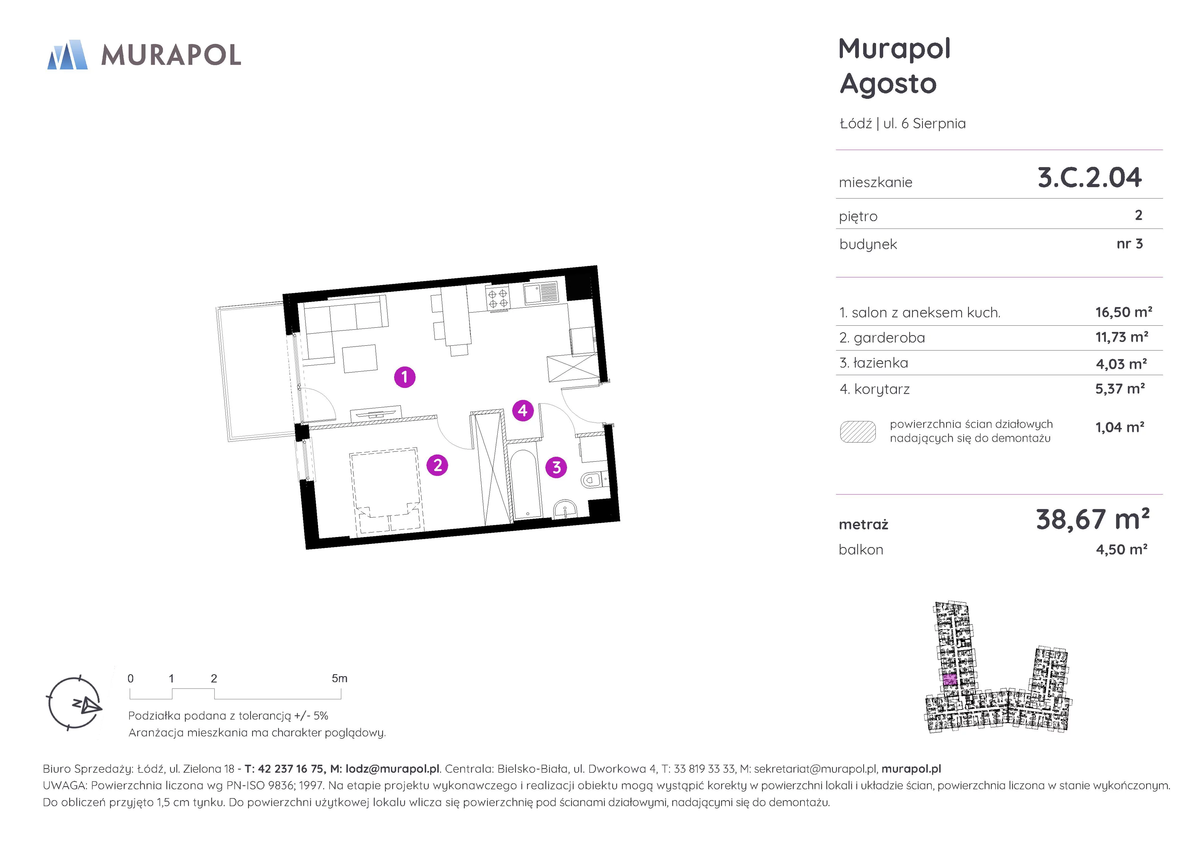 1 pokój, mieszkanie 38,67 m², piętro 2, oferta nr 3.C.2.04, Murapol Agosto, Łódź, Polesie, Stare Polesie, ul. 6 Sierpnia