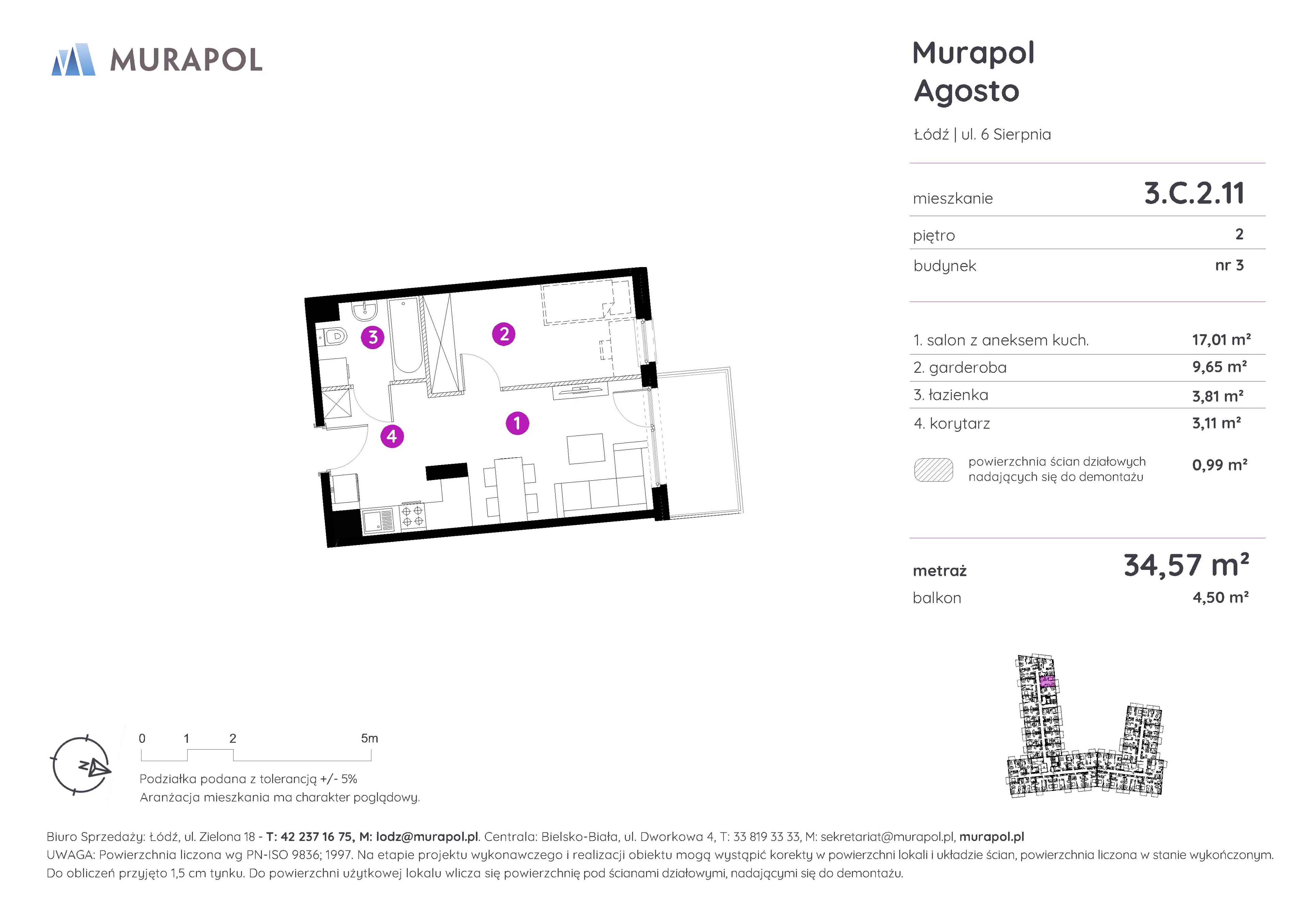 Mieszkanie 34,57 m², piętro 2, oferta nr 3.C.2.11, Murapol Agosto, Łódź, Polesie, Stare Polesie, ul. 6 Sierpnia