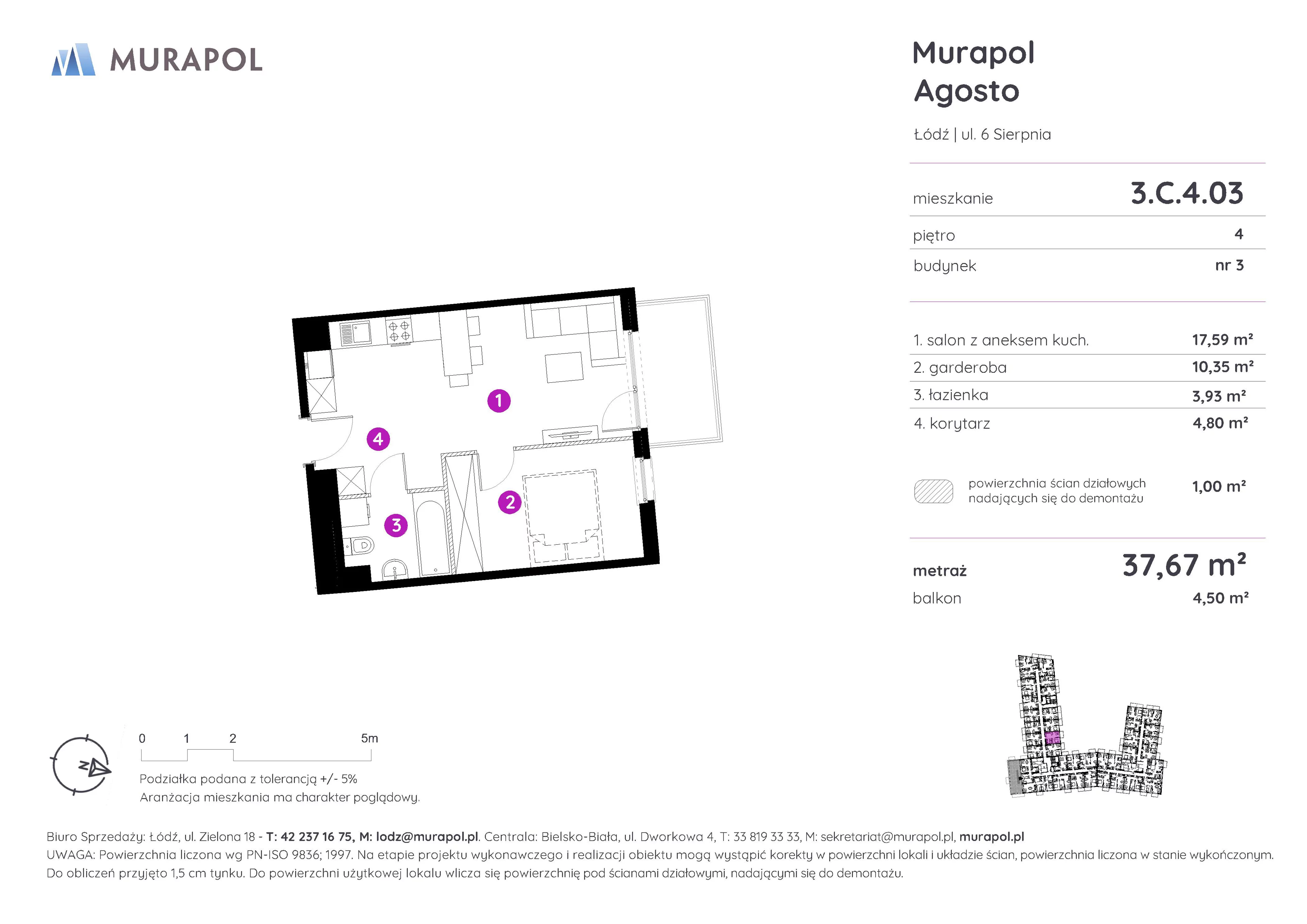 Mieszkanie 37,67 m², piętro 4, oferta nr 3.C.4.03, Murapol Agosto, Łódź, Polesie, Stare Polesie, ul. 6 Sierpnia