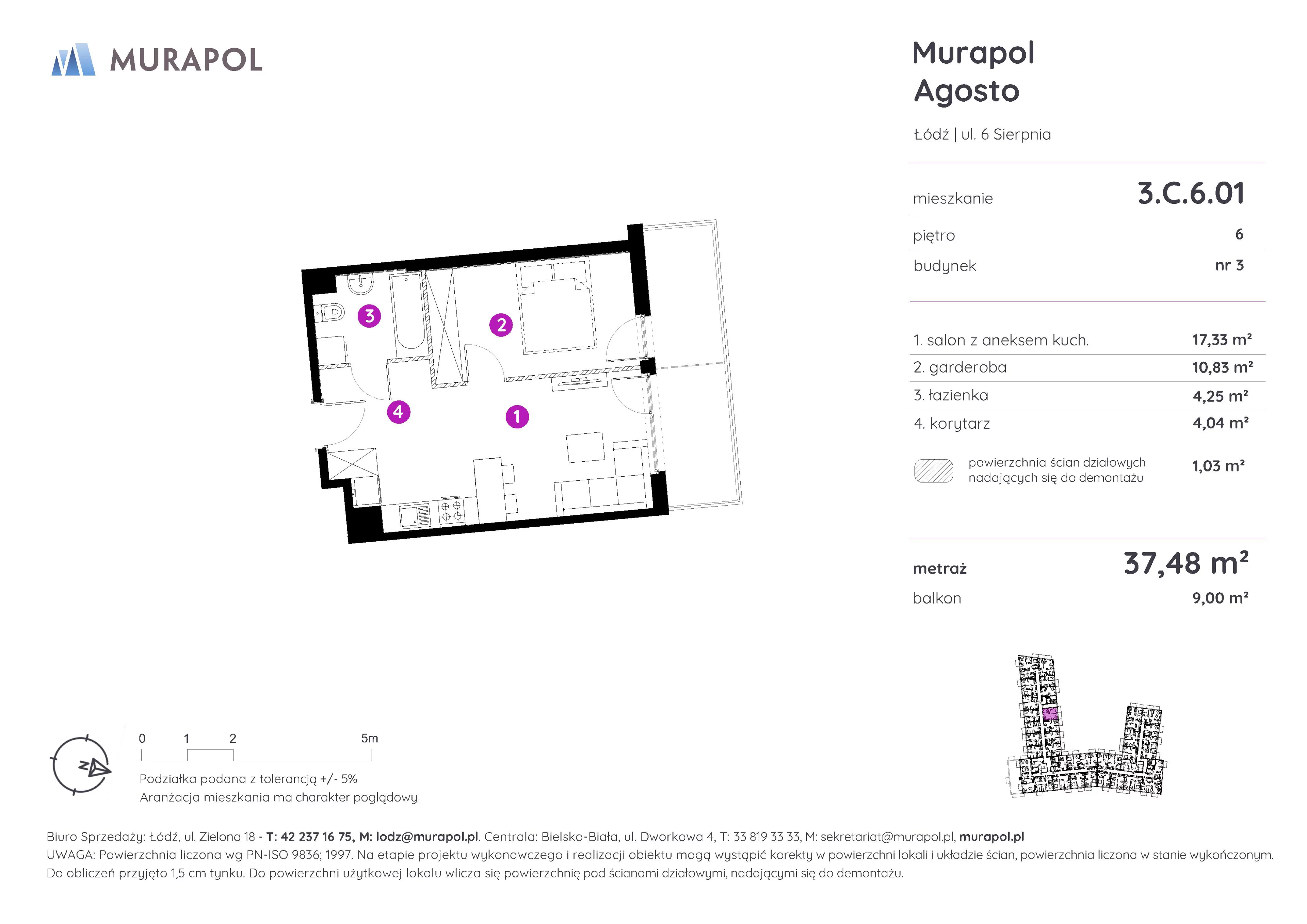 Mieszkanie 37,48 m², piętro 6, oferta nr 3.C.6.01, Murapol Agosto, Łódź, Polesie, Stare Polesie, ul. 6 Sierpnia