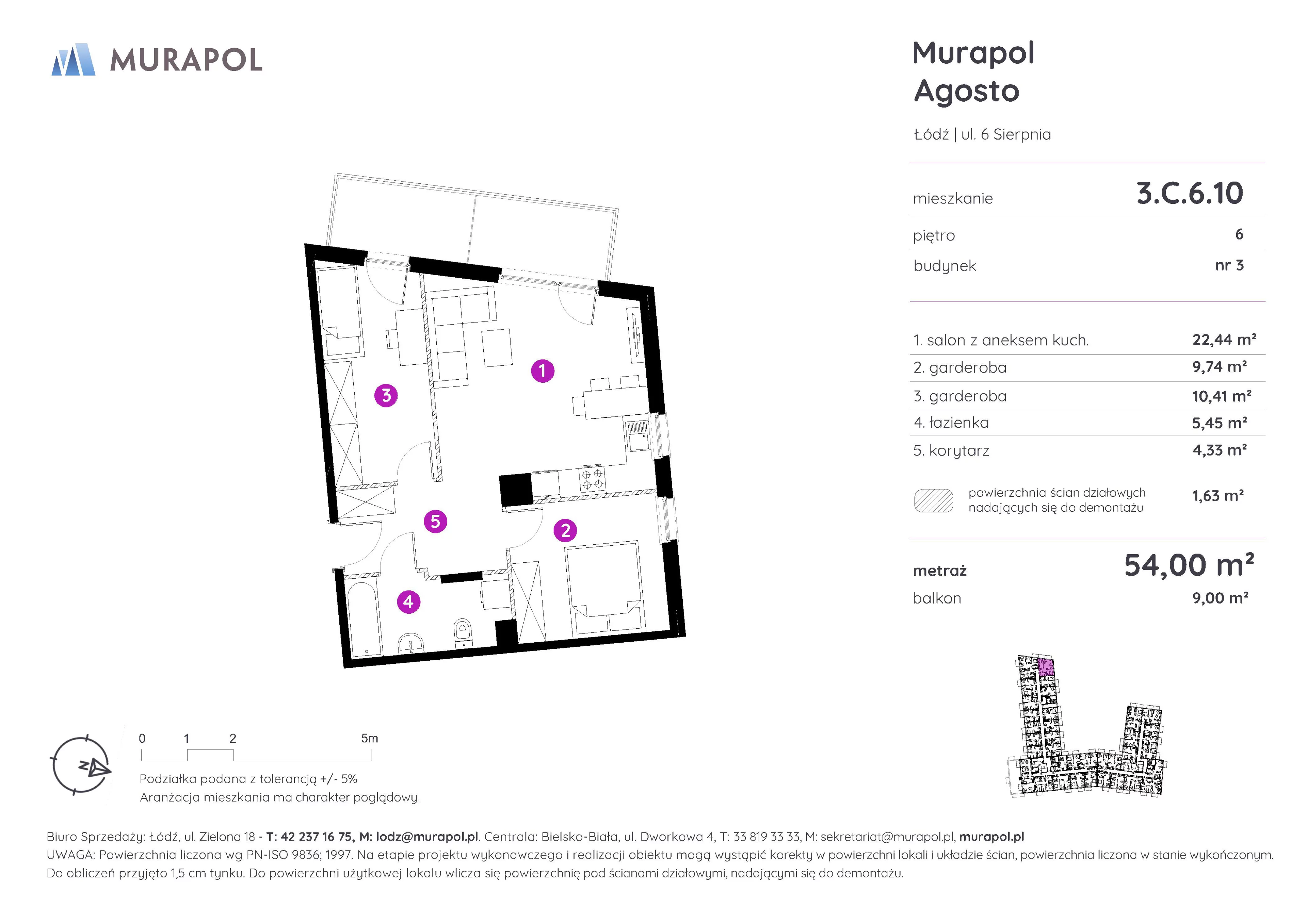 Mieszkanie 54,00 m², piętro 6, oferta nr 3.C.6.10, Murapol Agosto, Łódź, Polesie, Stare Polesie, ul. 6 Sierpnia