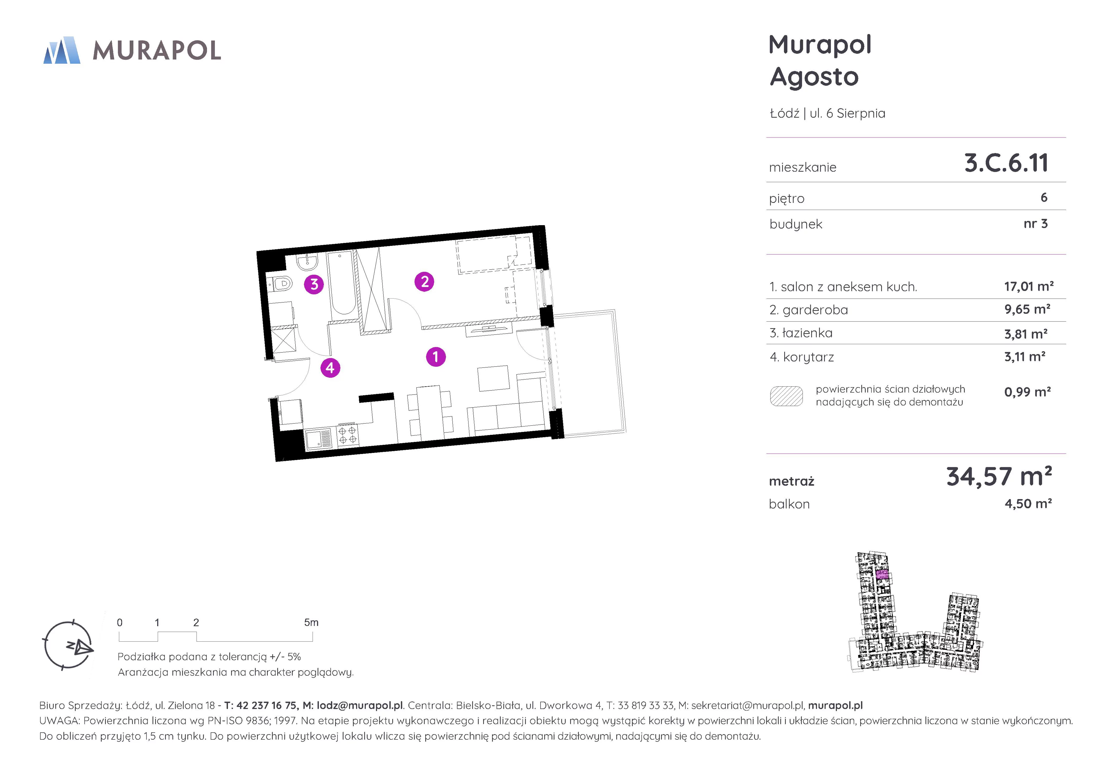 1 pokój, mieszkanie 34,57 m², piętro 6, oferta nr 3.C.6.11, Murapol Agosto, Łódź, Polesie, Stare Polesie, ul. 6 Sierpnia