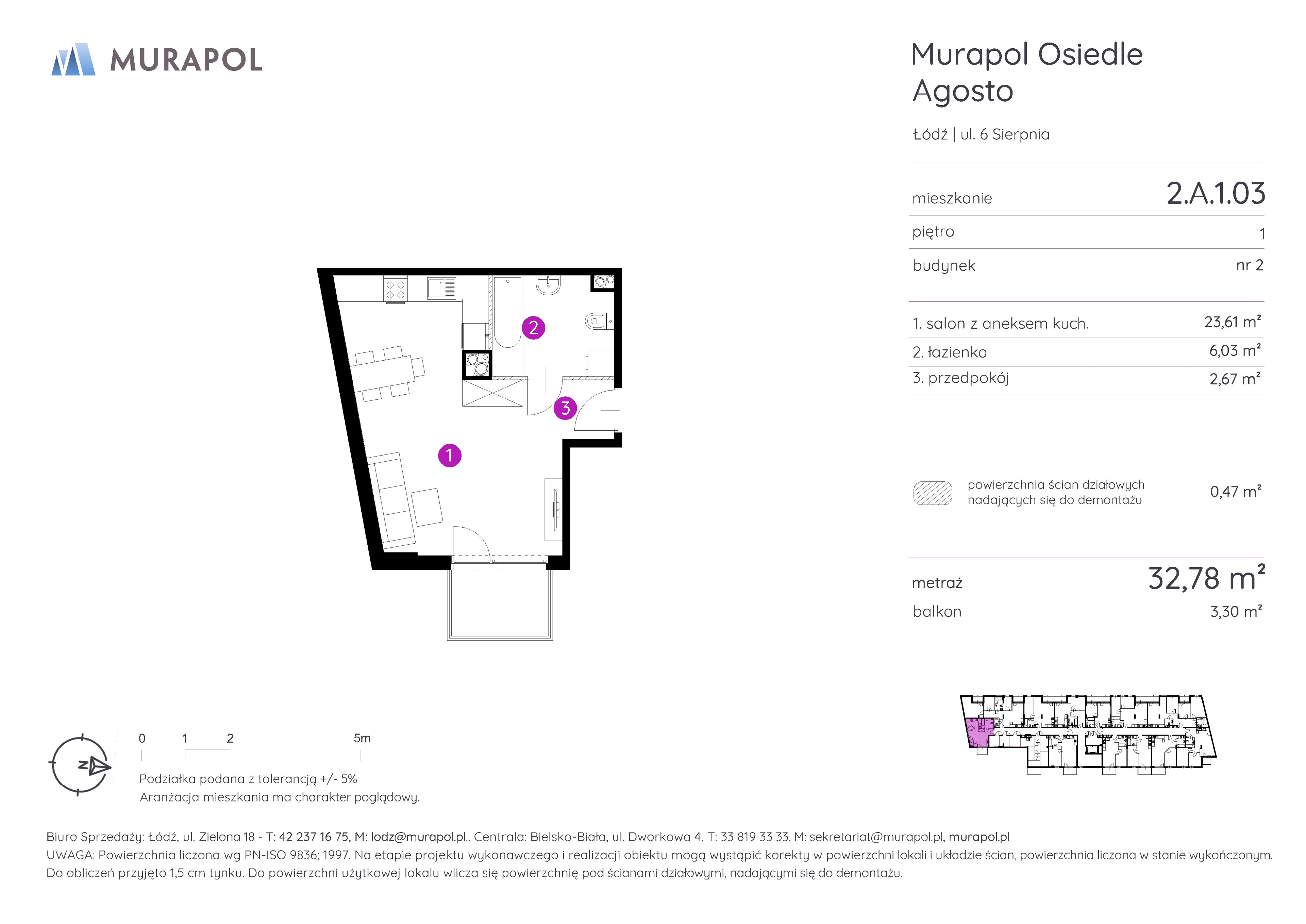 1 pokój, mieszkanie 32,78 m², piętro 1, oferta nr 2.A.1.03, Murapol Agosto, Łódź, Polesie, Stare Polesie, ul. 6 Sierpnia