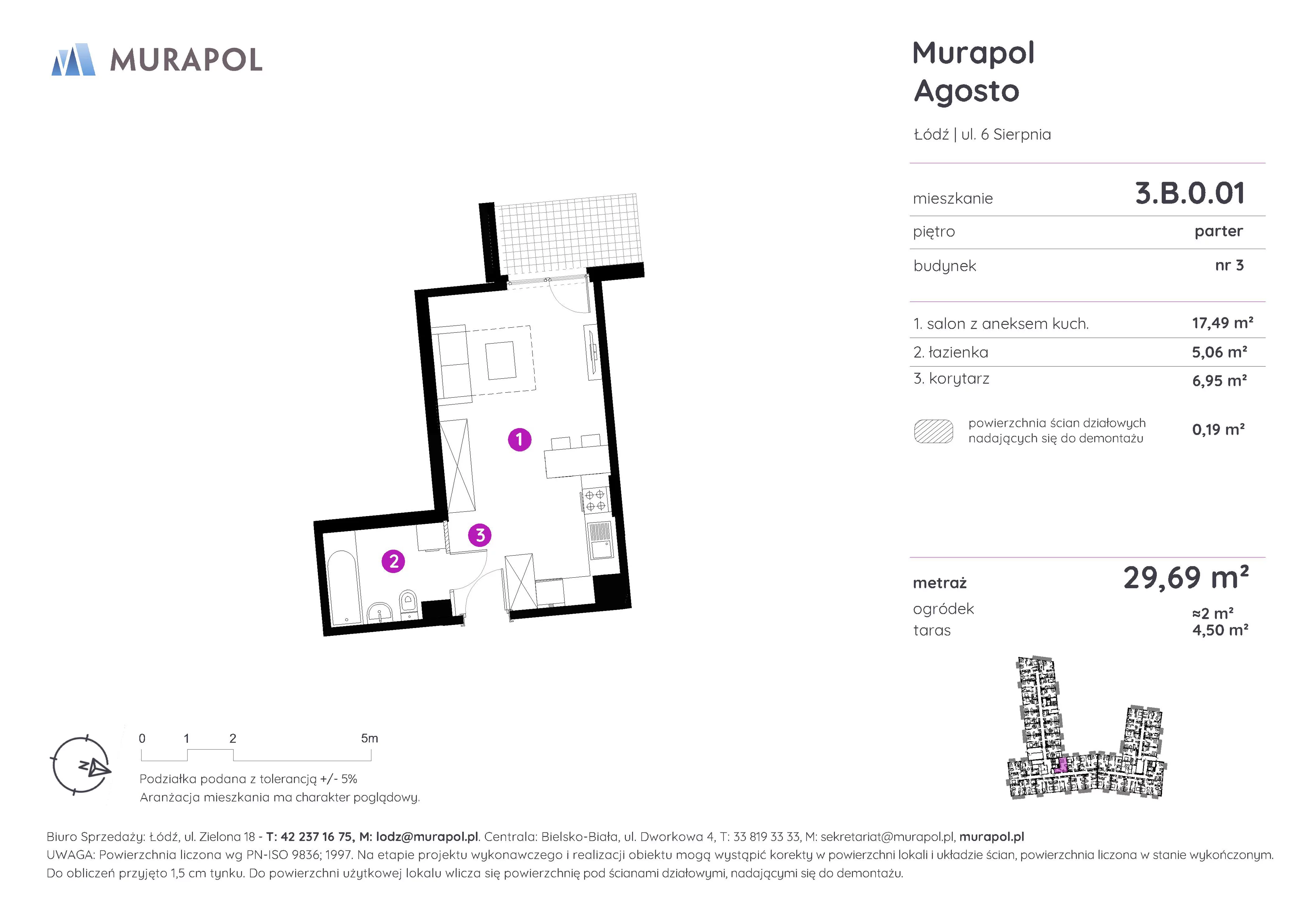 1 pokój, mieszkanie 29,69 m², parter, oferta nr 3.B.0.01, Murapol Agosto, Łódź, Polesie, Stare Polesie, ul. 6 Sierpnia