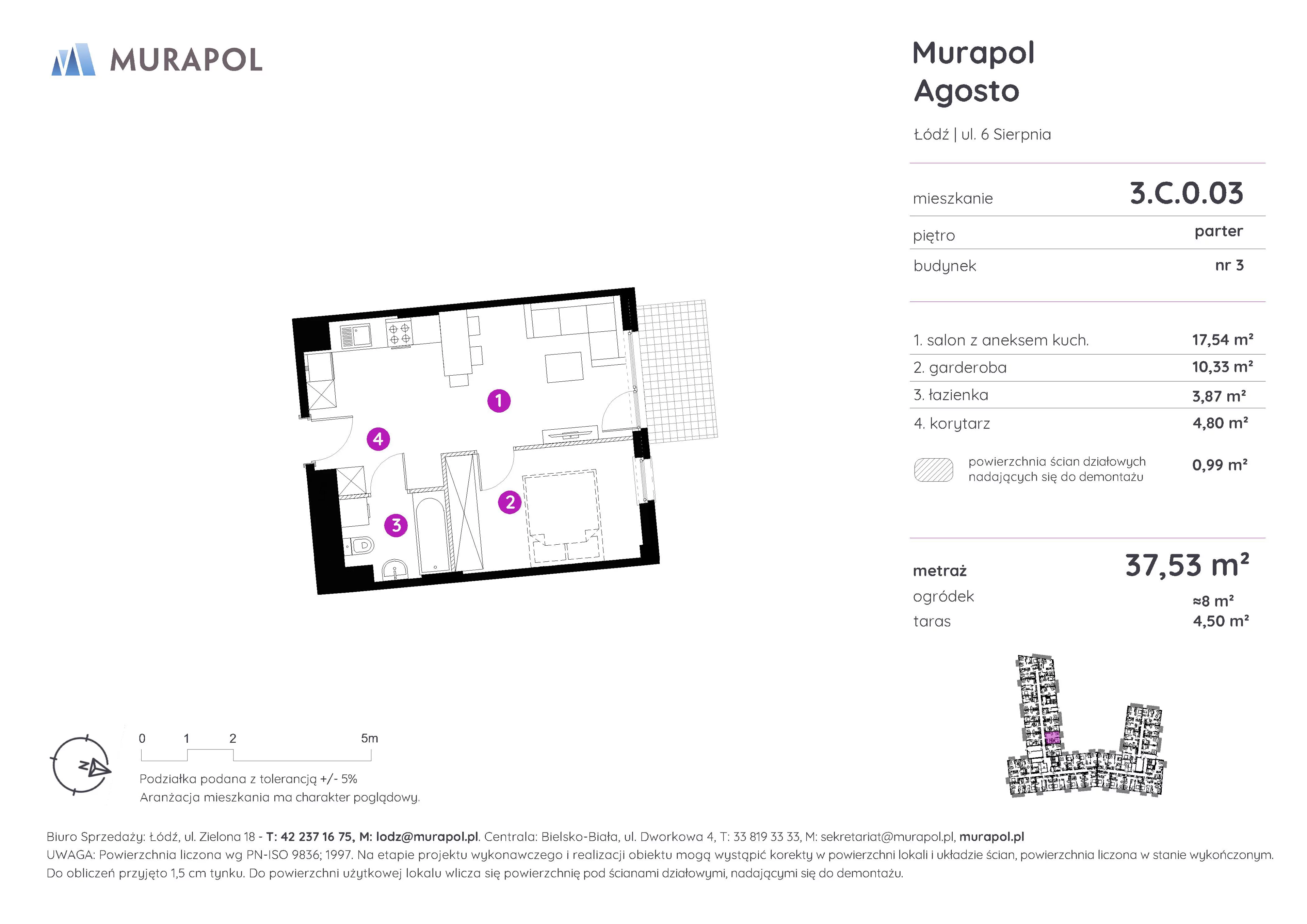 1 pokój, mieszkanie 37,53 m², parter, oferta nr 3.C.0.03, Murapol Agosto, Łódź, Polesie, Stare Polesie, ul. 6 Sierpnia