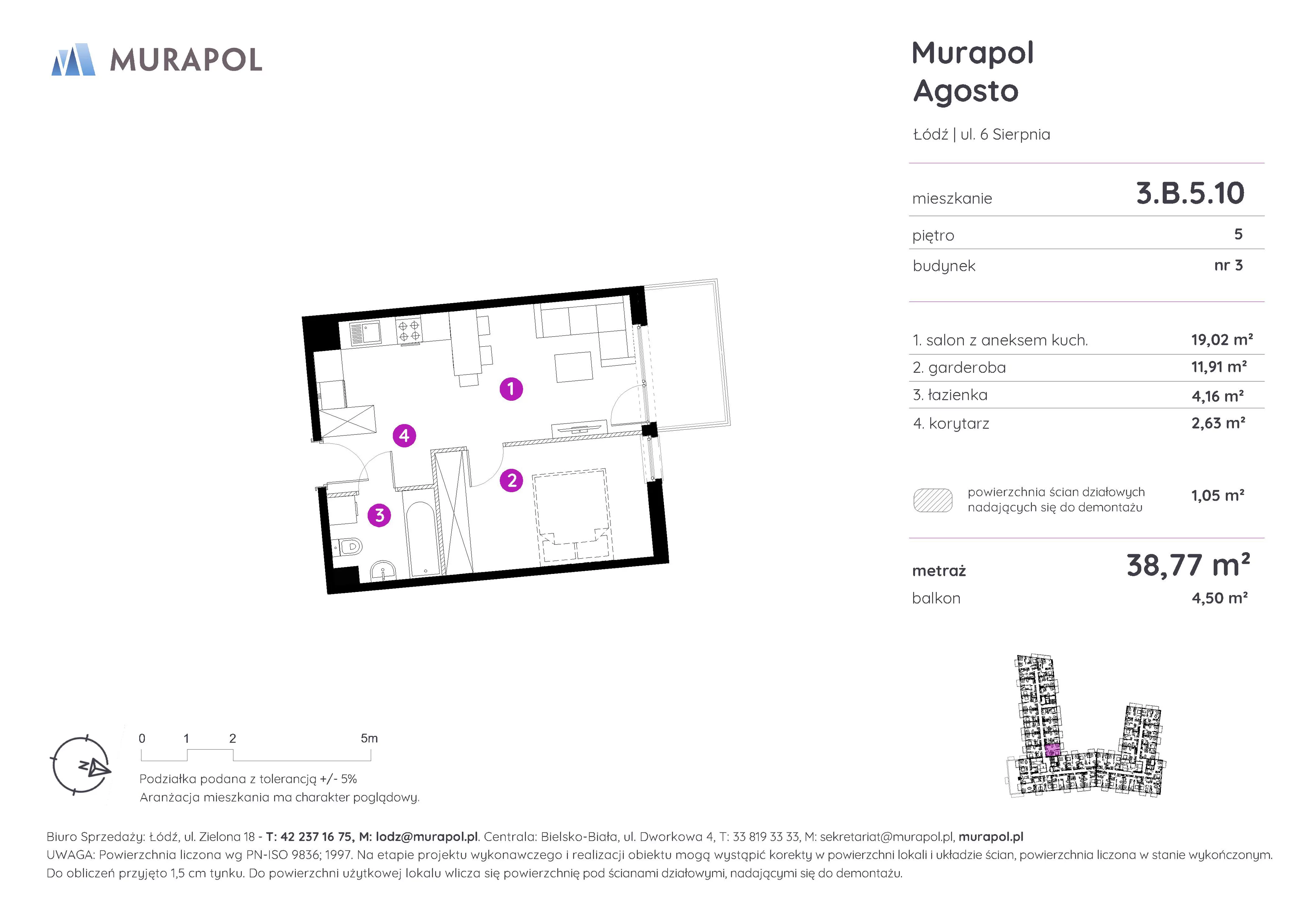 1 pokój, mieszkanie 38,77 m², piętro 5, oferta nr 3.B.5.10, Murapol Agosto, Łódź, Polesie, Stare Polesie, ul. 6 Sierpnia