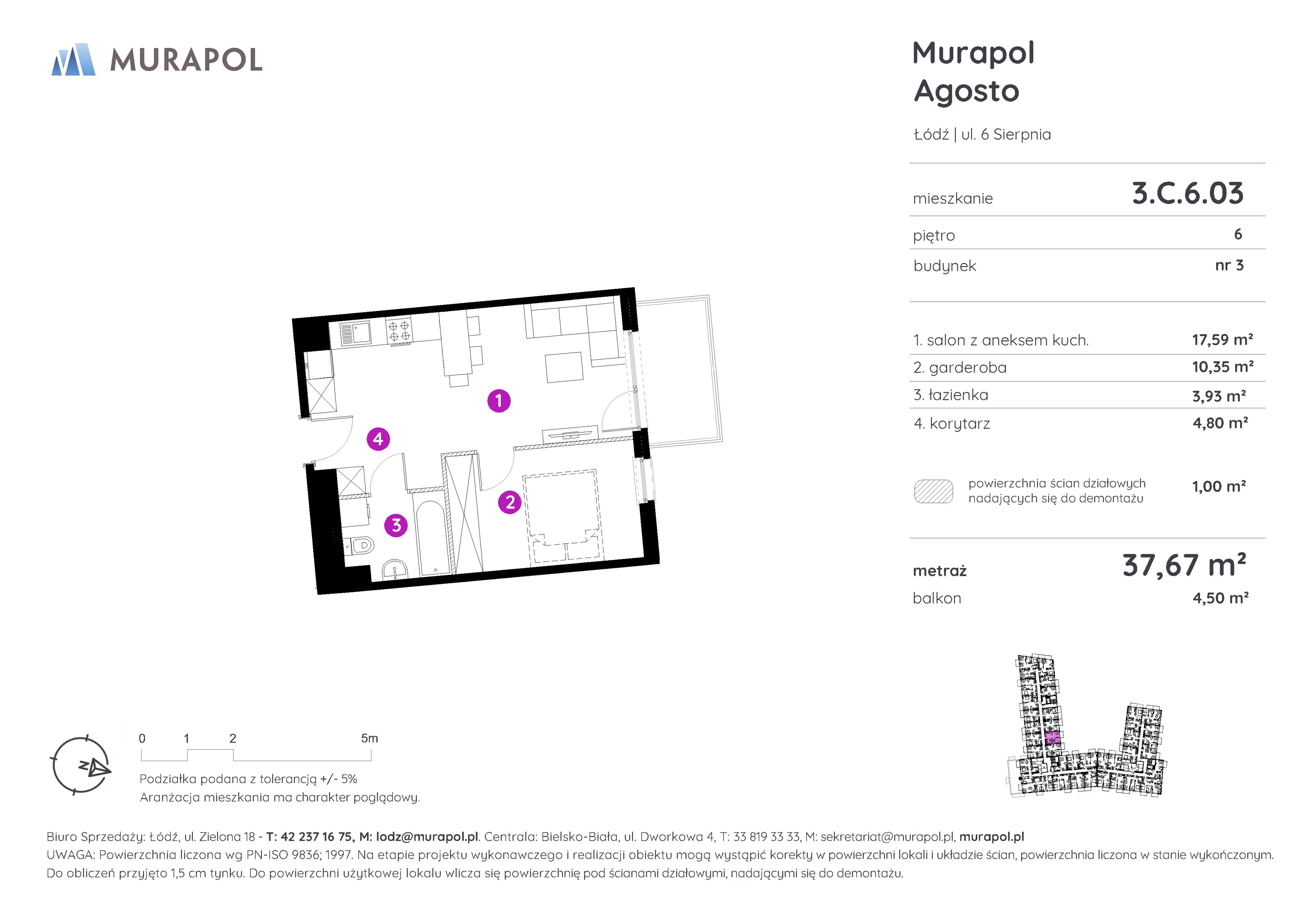 1 pokój, mieszkanie 37,67 m², piętro 6, oferta nr 3.C.6.03, Murapol Agosto, Łódź, Polesie, Stare Polesie, ul. 6 Sierpnia