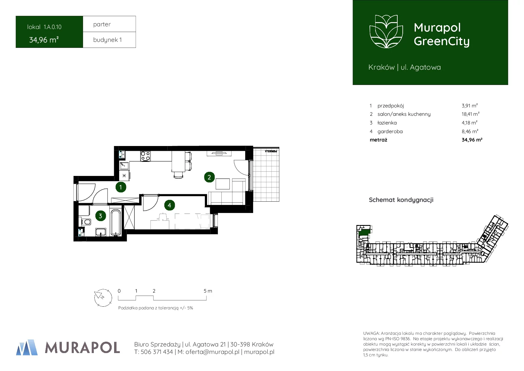1 pokój, mieszkanie 34,96 m², parter, oferta nr 1.A.0.10, Murapol GreenCity, Kraków, Bieżanów-Prokocim, Osiedle Złocień, ul. Agatowa