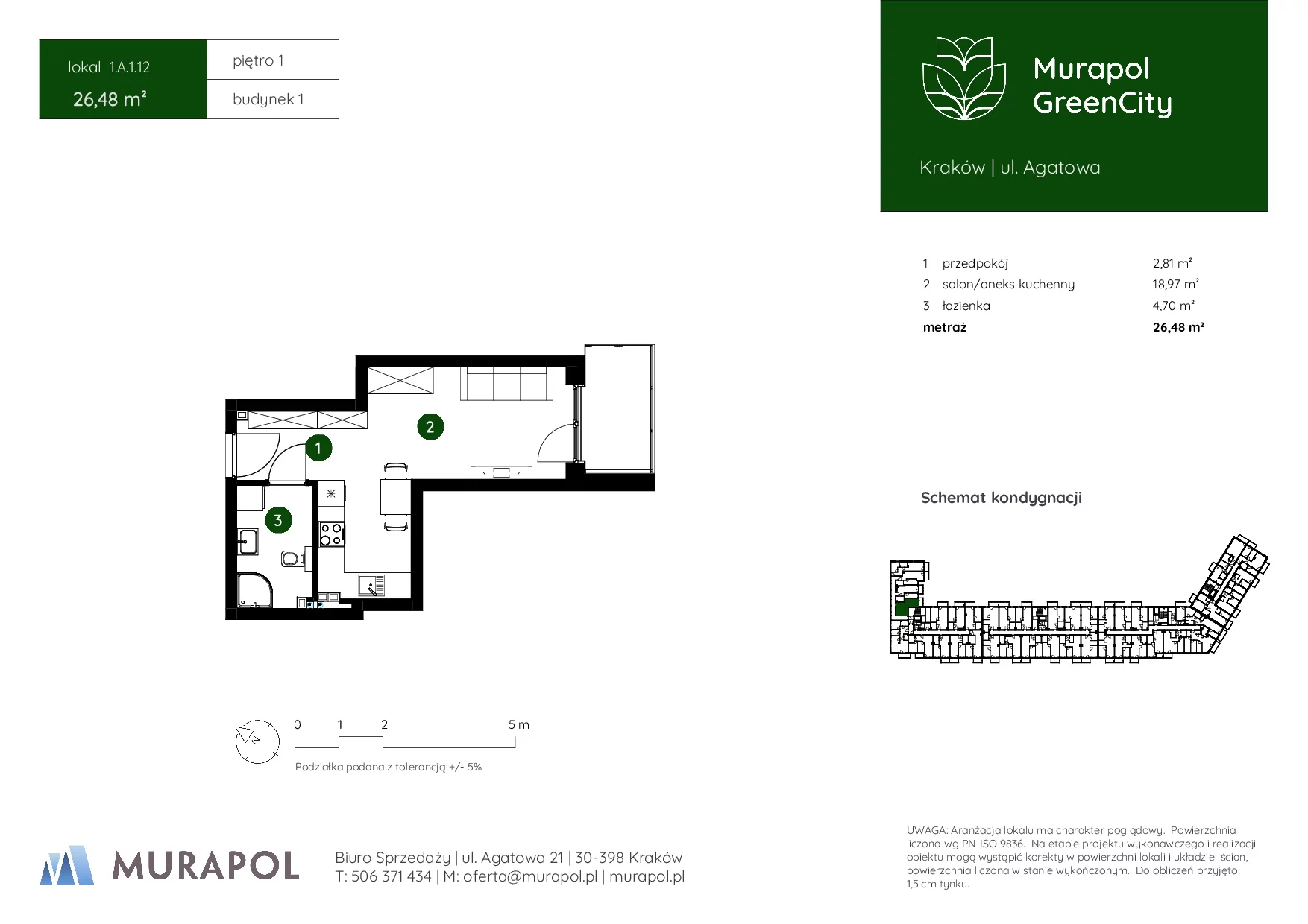 1 pokój, mieszkanie 26,48 m², piętro 1, oferta nr 1.A.1.12, Murapol GreenCity, Kraków, Bieżanów-Prokocim, Osiedle Złocień, ul. Agatowa
