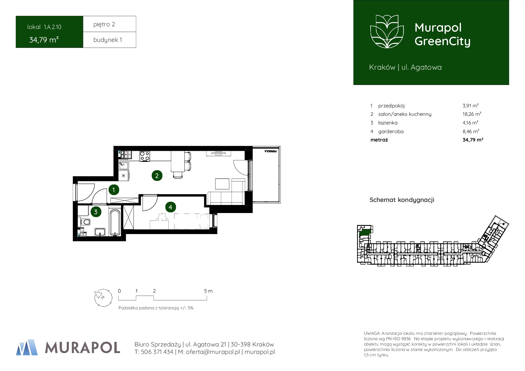 1 pokój, mieszkanie 34,79 m², piętro 2, oferta nr 1.A.2.10, Murapol GreenCity, Kraków, Bieżanów-Prokocim, Osiedle Złocień, ul. Agatowa