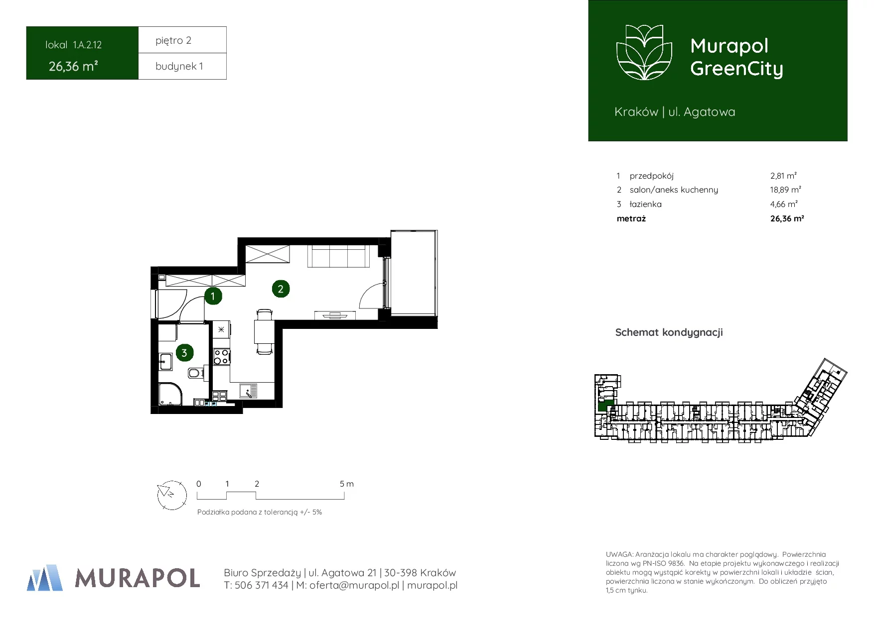 1 pokój, mieszkanie 26,36 m², piętro 2, oferta nr 1.A.2.12, Murapol GreenCity, Kraków, Bieżanów-Prokocim, Osiedle Złocień, ul. Agatowa