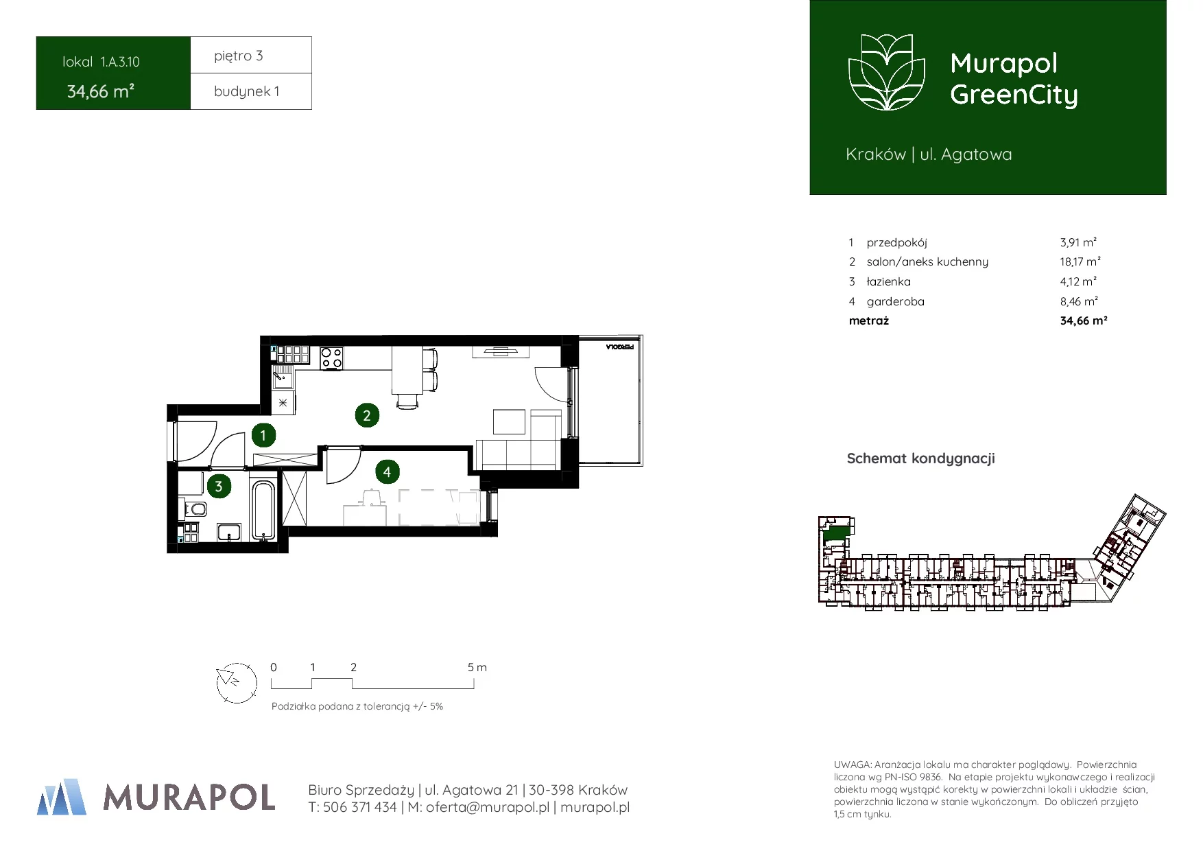 1 pokój, mieszkanie 34,66 m², piętro 3, oferta nr 1.A.3.10, Murapol GreenCity, Kraków, Bieżanów-Prokocim, Osiedle Złocień, ul. Agatowa
