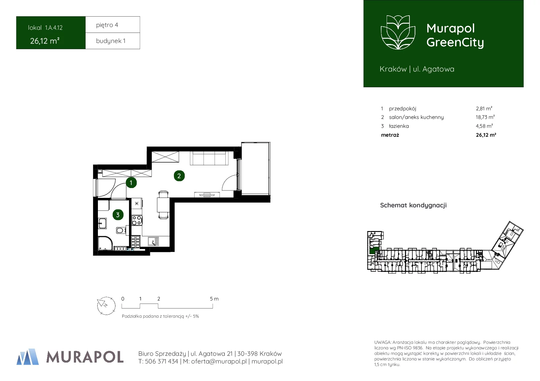 1 pokój, mieszkanie 26,12 m², piętro 4, oferta nr 1.A.4.12, Murapol GreenCity, Kraków, Bieżanów-Prokocim, Osiedle Złocień, ul. Agatowa