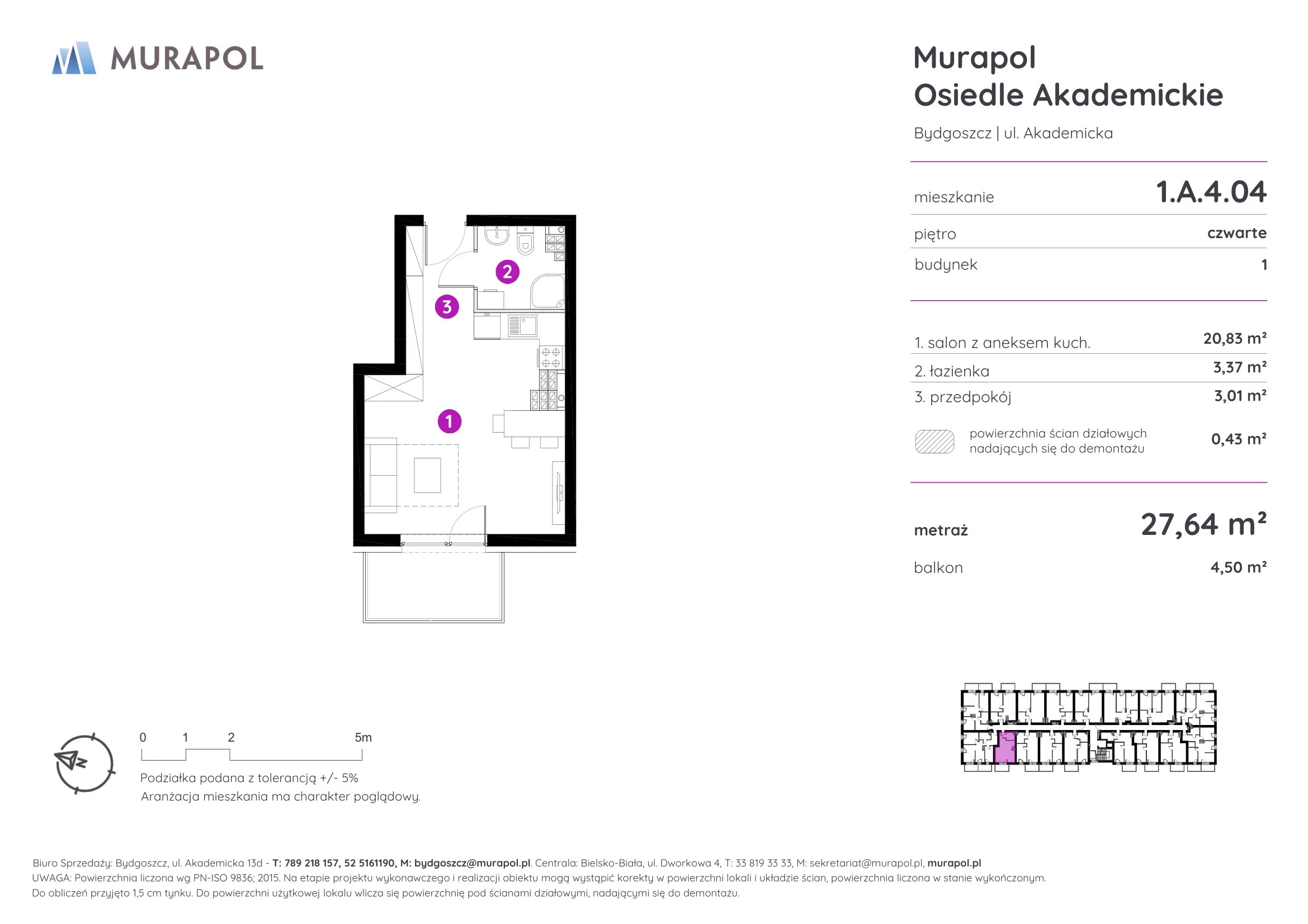 Mieszkanie 27,64 m², piętro 4, oferta nr 1.A.4.04, Murapol Osiedle Akademickie, Bydgoszcz, Nowy Fordon, ul. Akademicka