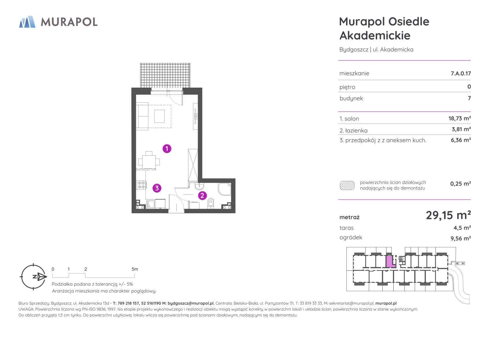 Mieszkanie 29,15 m², parter, oferta nr 7.A.0.17, Murapol Osiedle Akademickie, Bydgoszcz, Nowy Fordon, ul. Akademicka