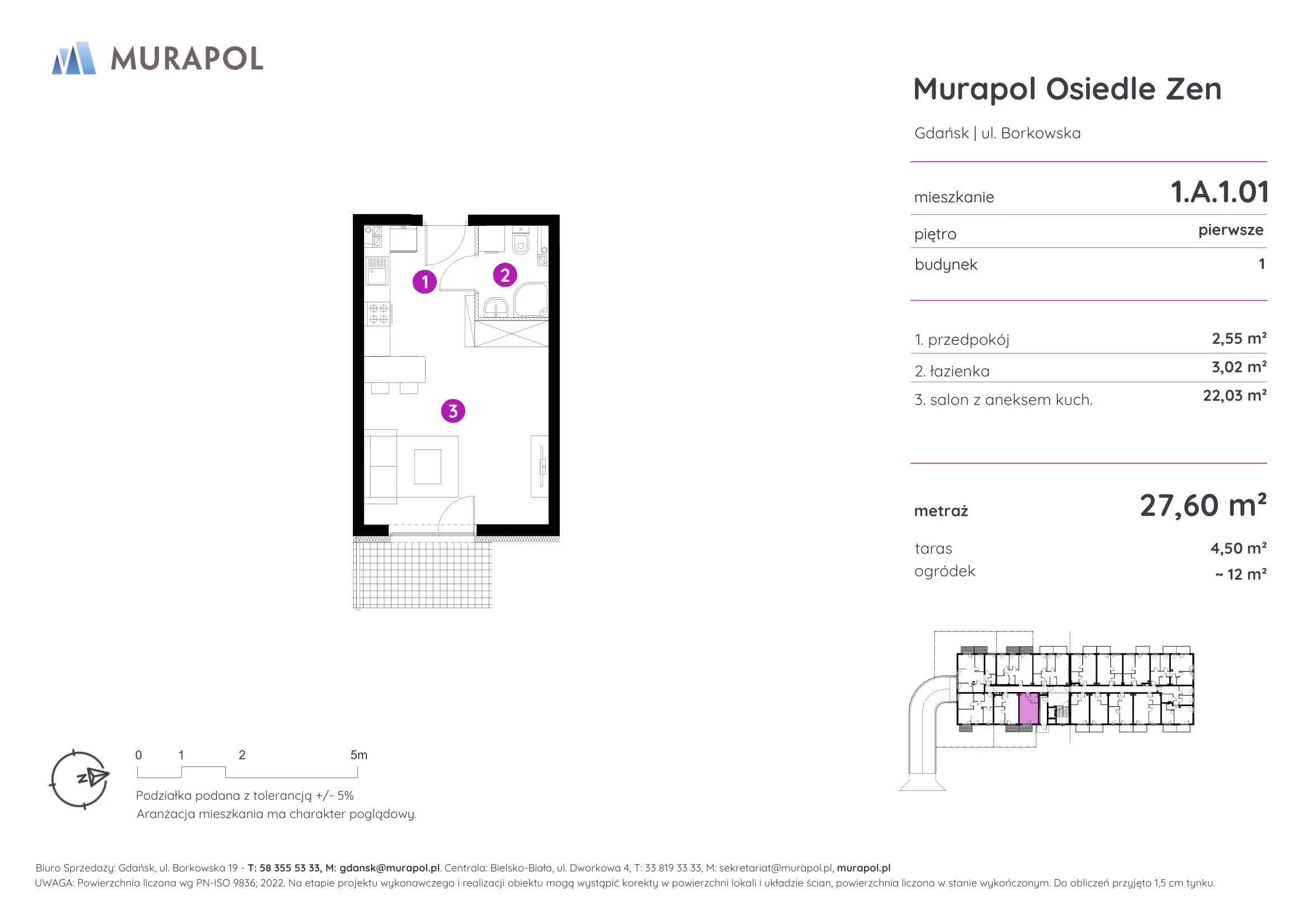 Mieszkanie 27,60 m², piętro 1, oferta nr 1.A.1.01, Murapol Osiedle Zen, Gdańsk, Orunia Górna-Gdańsk Południe, Maćkowy, ul. Borkowska