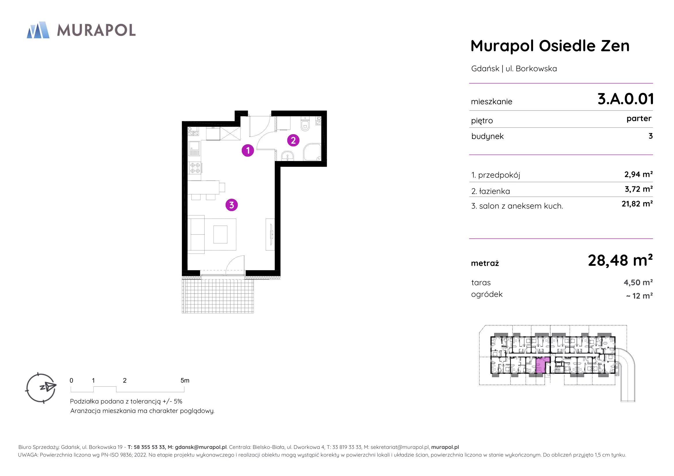 Mieszkanie 28,48 m², parter, oferta nr 3.A.0.01, Murapol Osiedle Zen, Gdańsk, Orunia Górna-Gdańsk Południe, Maćkowy, ul. Borkowska