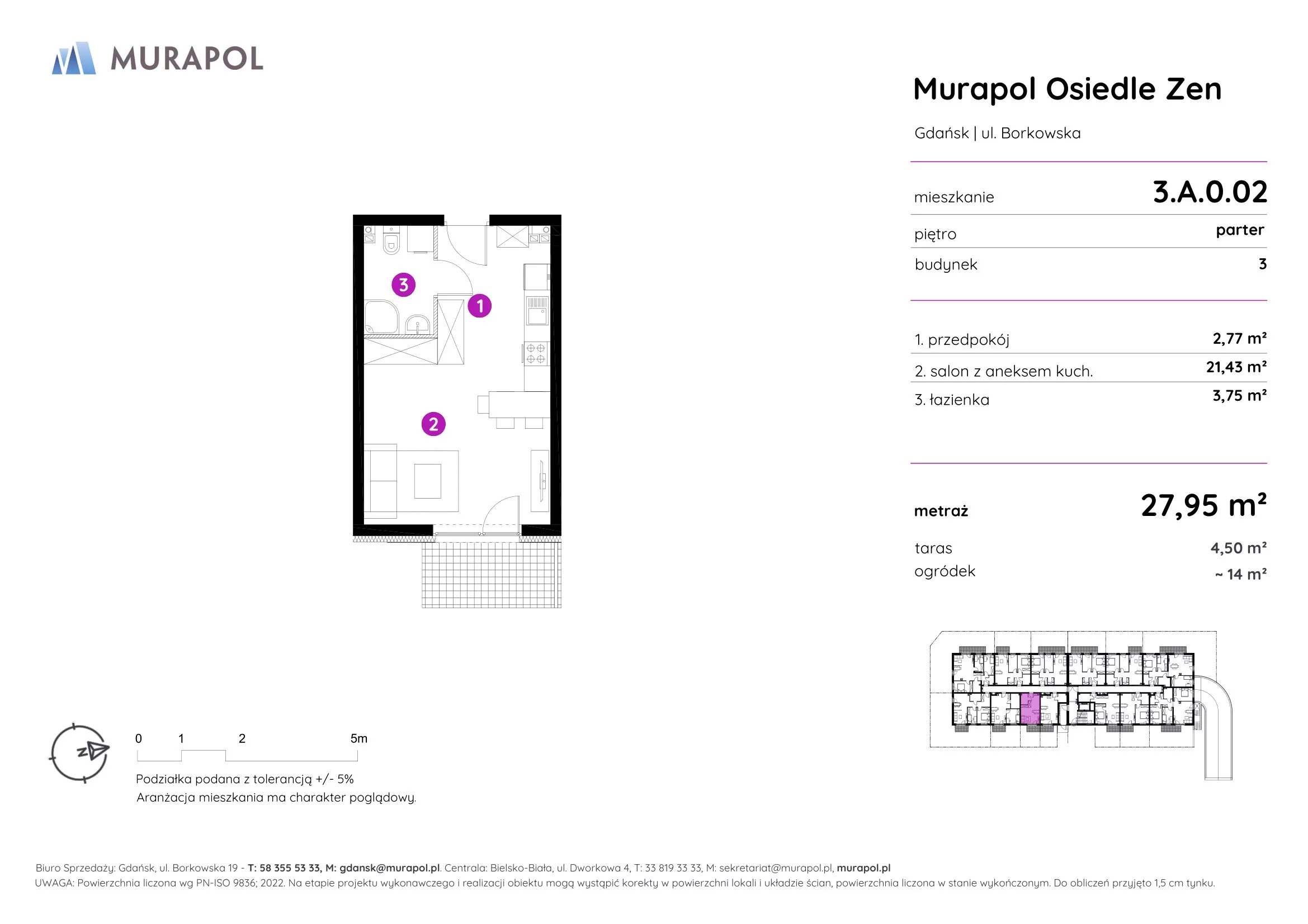 Mieszkanie 27,95 m², parter, oferta nr 3.A.0.02, Murapol Osiedle Zen, Gdańsk, Orunia Górna-Gdańsk Południe, Maćkowy, ul. Borkowska