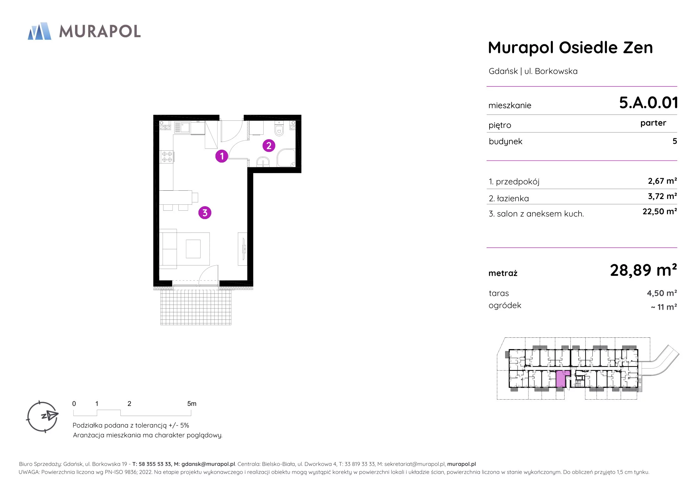 Mieszkanie 28,89 m², parter, oferta nr 5.A.0.01, Murapol Osiedle Zen, Gdańsk, Orunia Górna-Gdańsk Południe, Maćkowy, ul. Borkowska