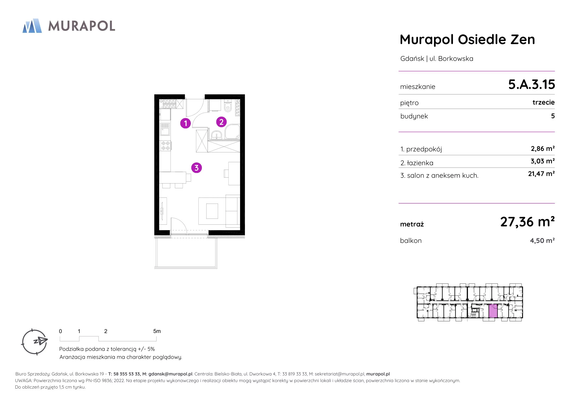 Mieszkanie 27,36 m², piętro 3, oferta nr 5.A.3.15, Murapol Osiedle Zen, Gdańsk, Orunia Górna-Gdańsk Południe, Maćkowy, ul. Borkowska