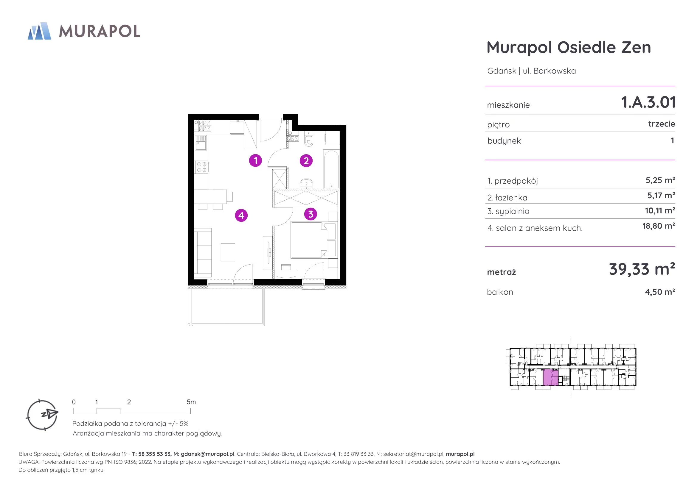 1 pokój, mieszkanie 39,33 m², piętro 3, oferta nr 1.A.3.01, Murapol Osiedle Zen, Gdańsk, Orunia Górna-Gdańsk Południe, Maćkowy, ul. Borkowska