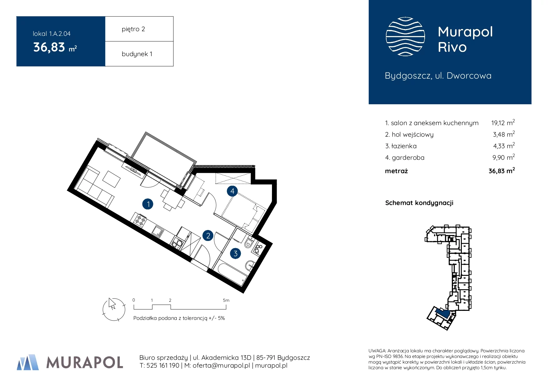 1 pokój, mieszkanie 36,83 m², piętro 2, oferta nr 1.A.2.04, Murapol Rivo, Bydgoszcz, Śródmieście, ul. Dworcowa