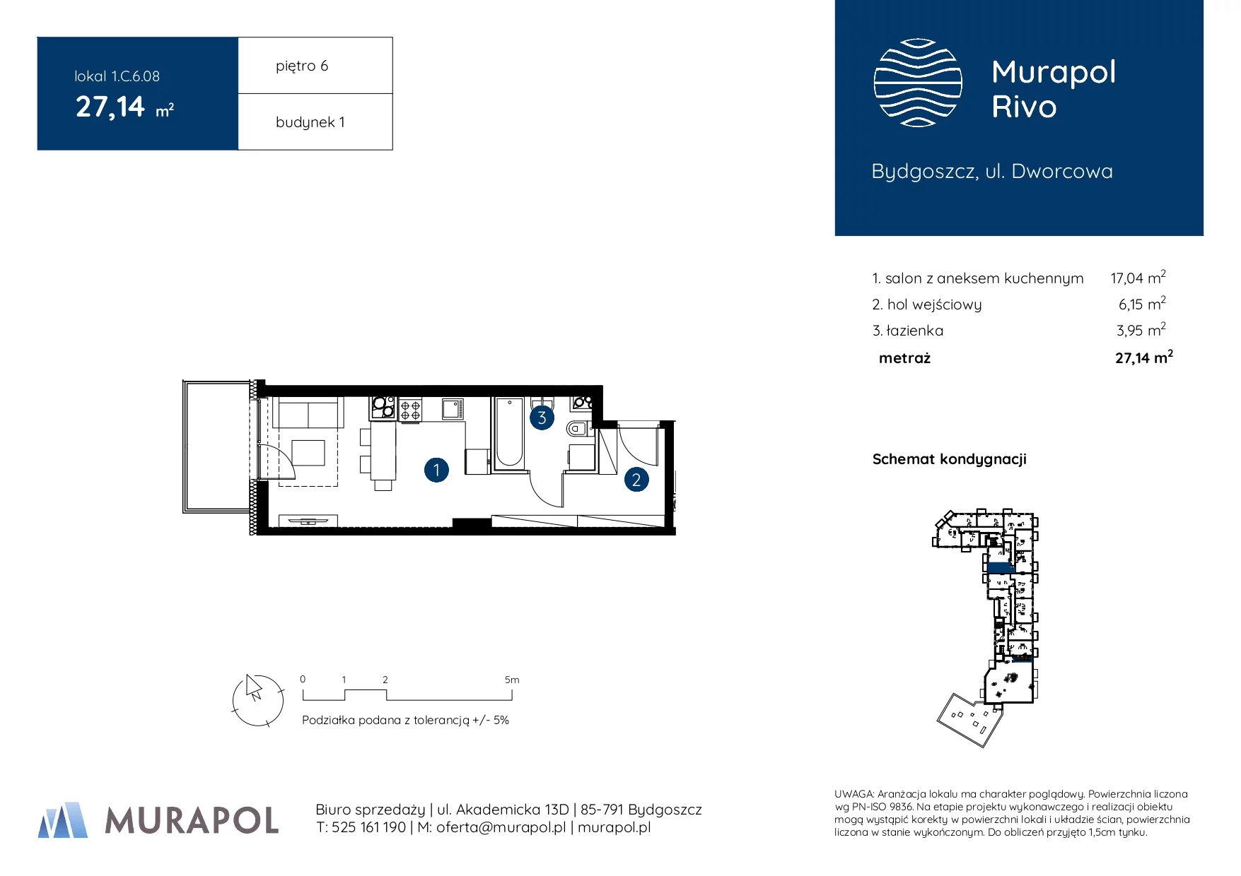 1 pokój, mieszkanie 27,14 m², piętro 6, oferta nr 1.C.6.08, Murapol Rivo, Bydgoszcz, Śródmieście, ul. Dworcowa