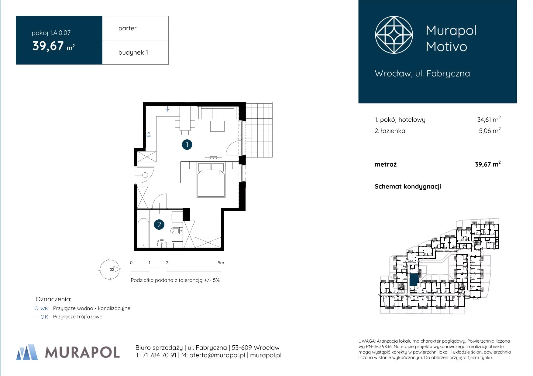 Apartament inwestycyjny 39,67 m², parter, oferta nr 1.A.0.07, Murapol Motivo, Wrocław, Muchobór Mały, Fabryczna, ul. Fabryczna