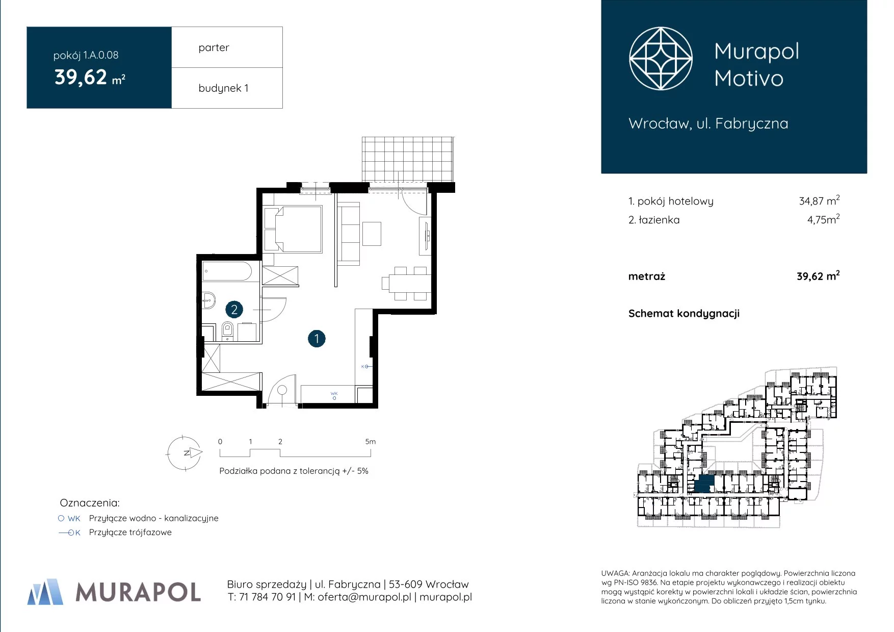 Apartament inwestycyjny 39,62 m², parter, oferta nr 1.A.0.08, Murapol Motivo, Wrocław, Muchobór Mały, Fabryczna, ul. Fabryczna