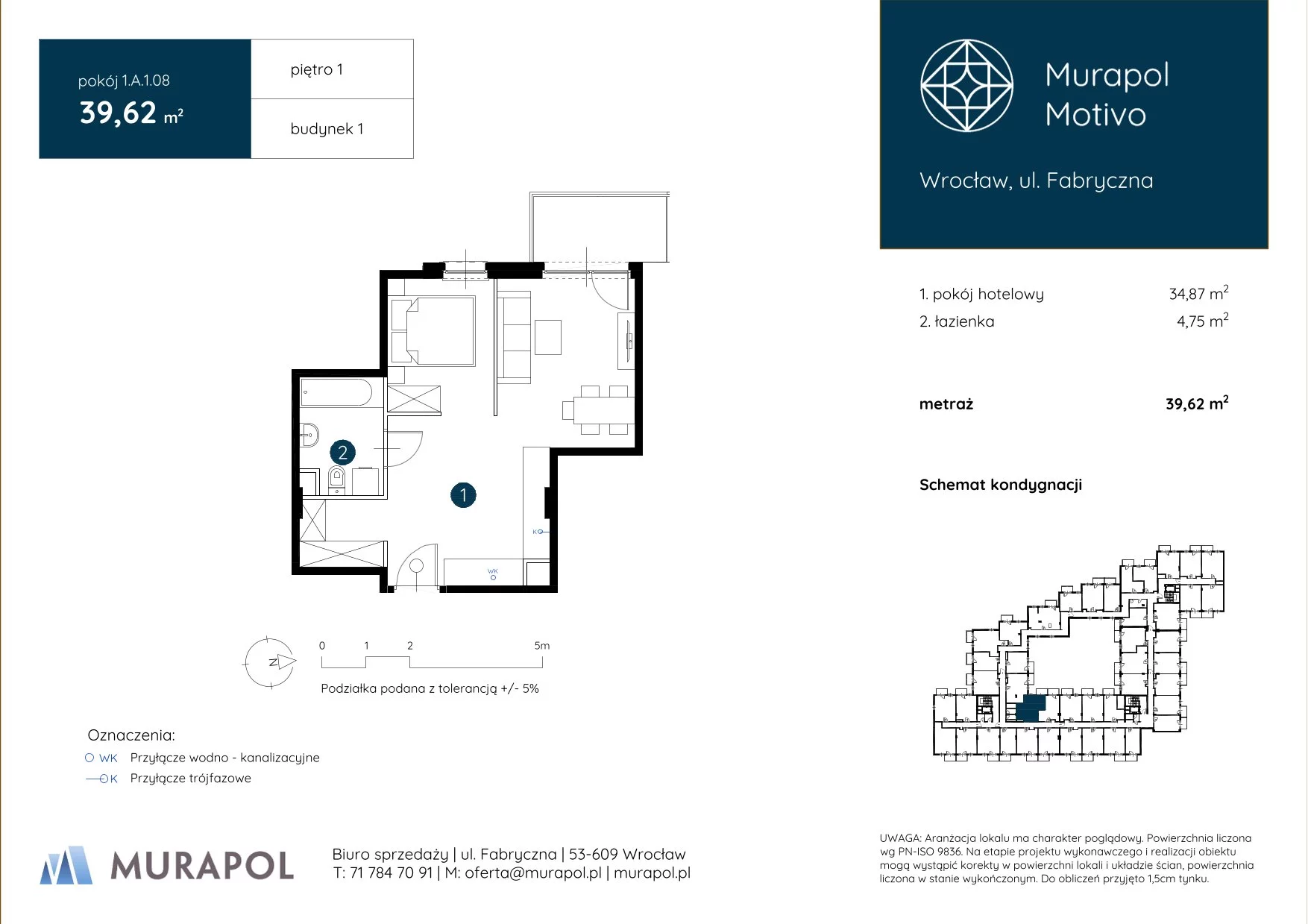 Apartament inwestycyjny 39,62 m², piętro 1, oferta nr 1.A.1.08, Murapol Motivo, Wrocław, Muchobór Mały, Fabryczna, ul. Fabryczna