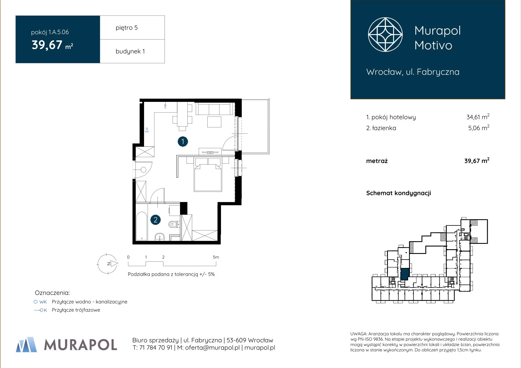 Apartament inwestycyjny 39,67 m², piętro 5, oferta nr 1.A.5.06, Murapol Motivo, Wrocław, Muchobór Mały, Fabryczna, ul. Fabryczna