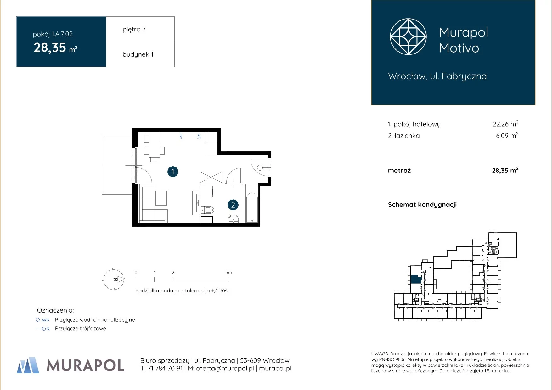 1 pokój, apartament inwestycyjny 28,35 m², piętro 7, oferta nr 1.A.7.02, Murapol Motivo, Wrocław, Muchobór Mały, Fabryczna, ul. Fabryczna