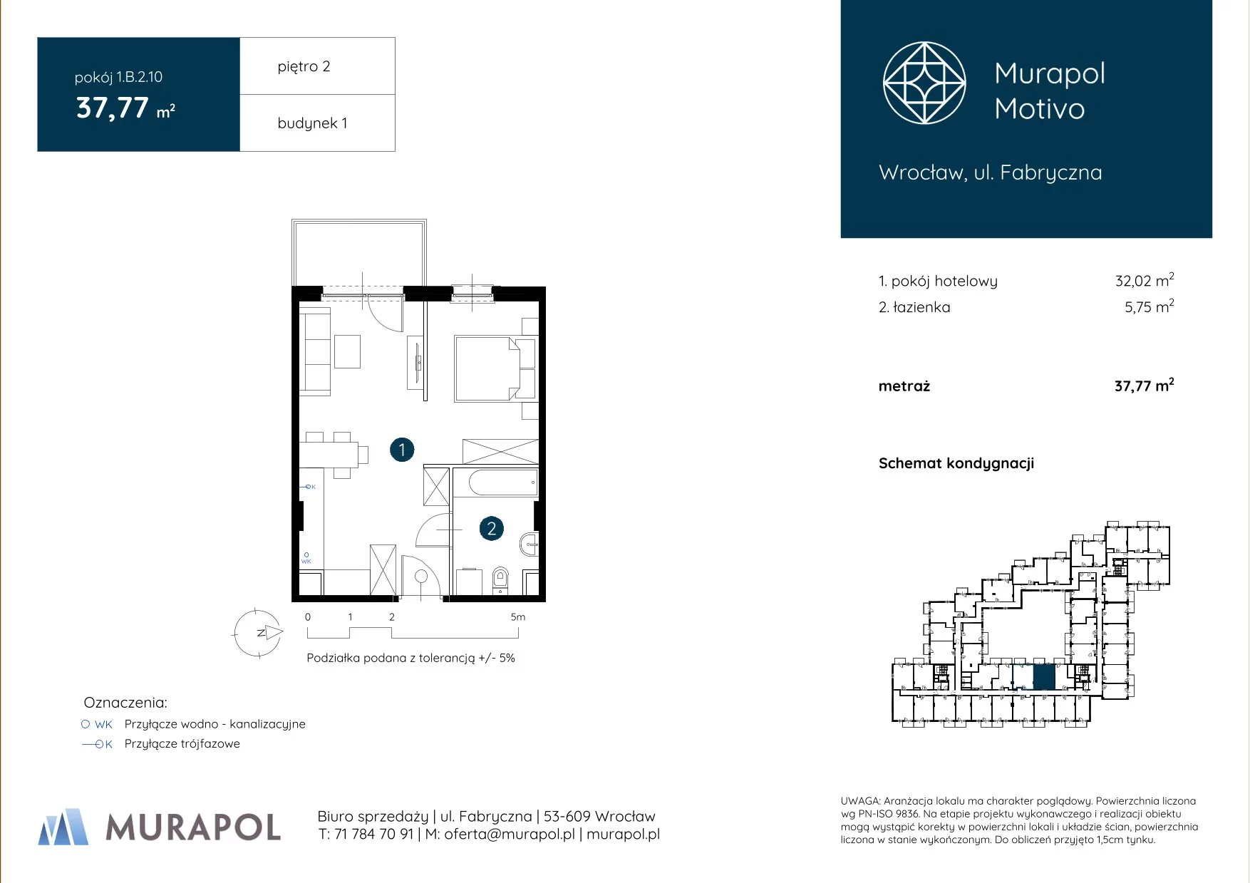 1 pokój, apartament inwestycyjny 37,77 m², piętro 2, oferta nr 1.B.2.10, Murapol Motivo, Wrocław, Muchobór Mały, Fabryczna, ul. Fabryczna