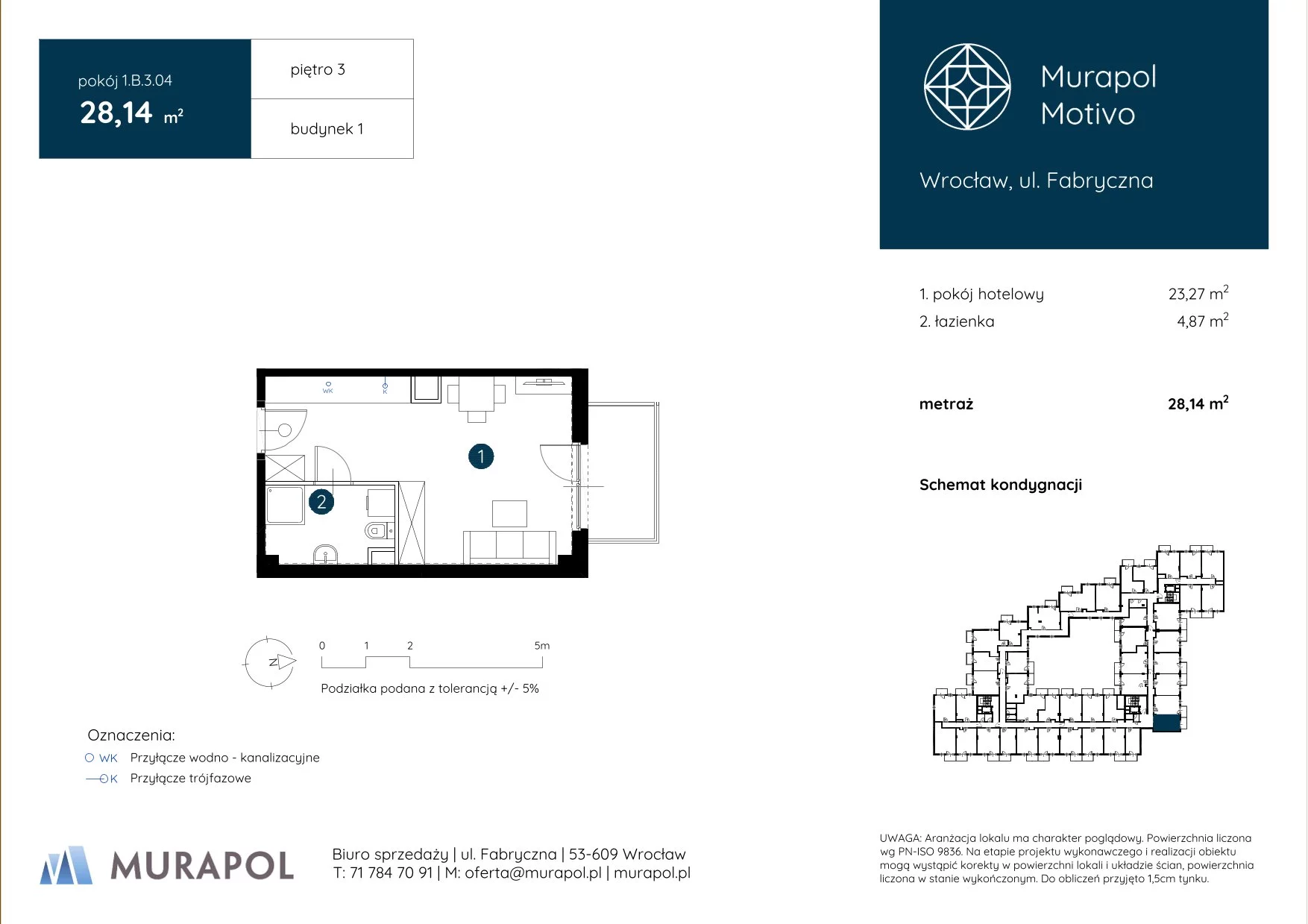 Apartament inwestycyjny 28,14 m², piętro 3, oferta nr 1.B.3.04, Murapol Motivo, Wrocław, Muchobór Mały, Fabryczna, ul. Fabryczna