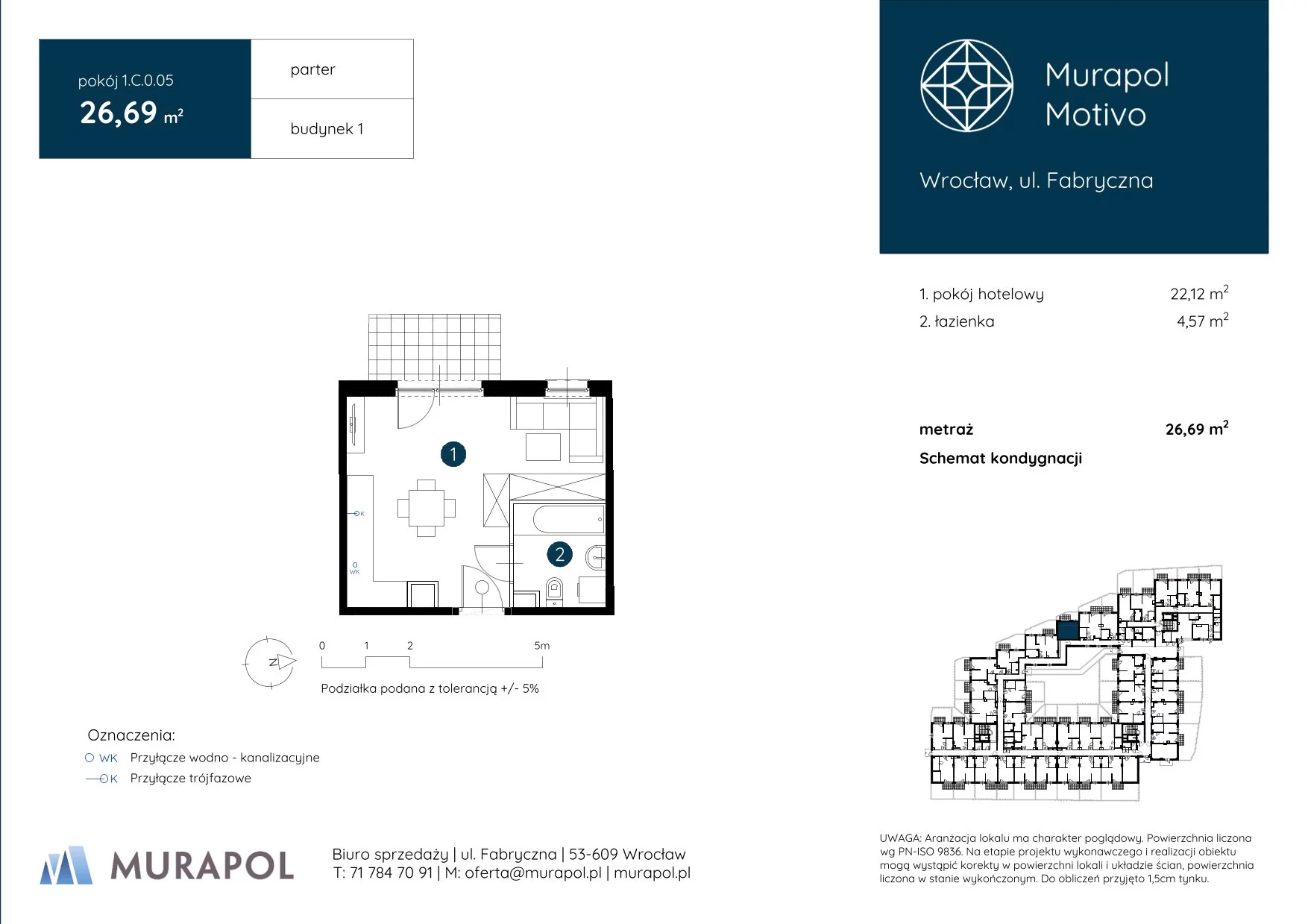 Apartament inwestycyjny 26,69 m², parter, oferta nr 1.C.0.05, Murapol Motivo, Wrocław, Muchobór Mały, Fabryczna, ul. Fabryczna