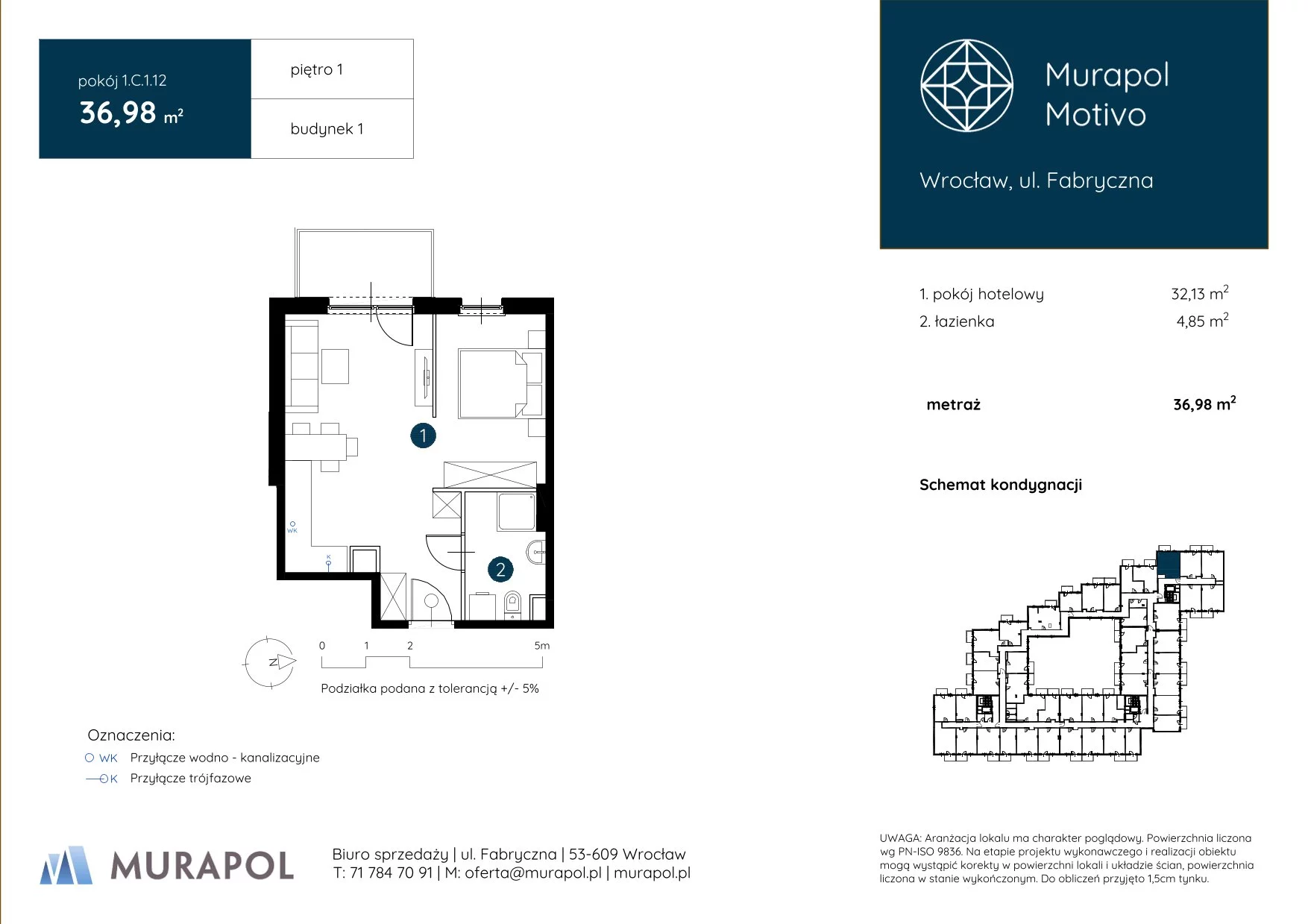 Apartament inwestycyjny 36,98 m², piętro 1, oferta nr 1.C.1.12, Murapol Motivo, Wrocław, Muchobór Mały, Fabryczna, ul. Fabryczna